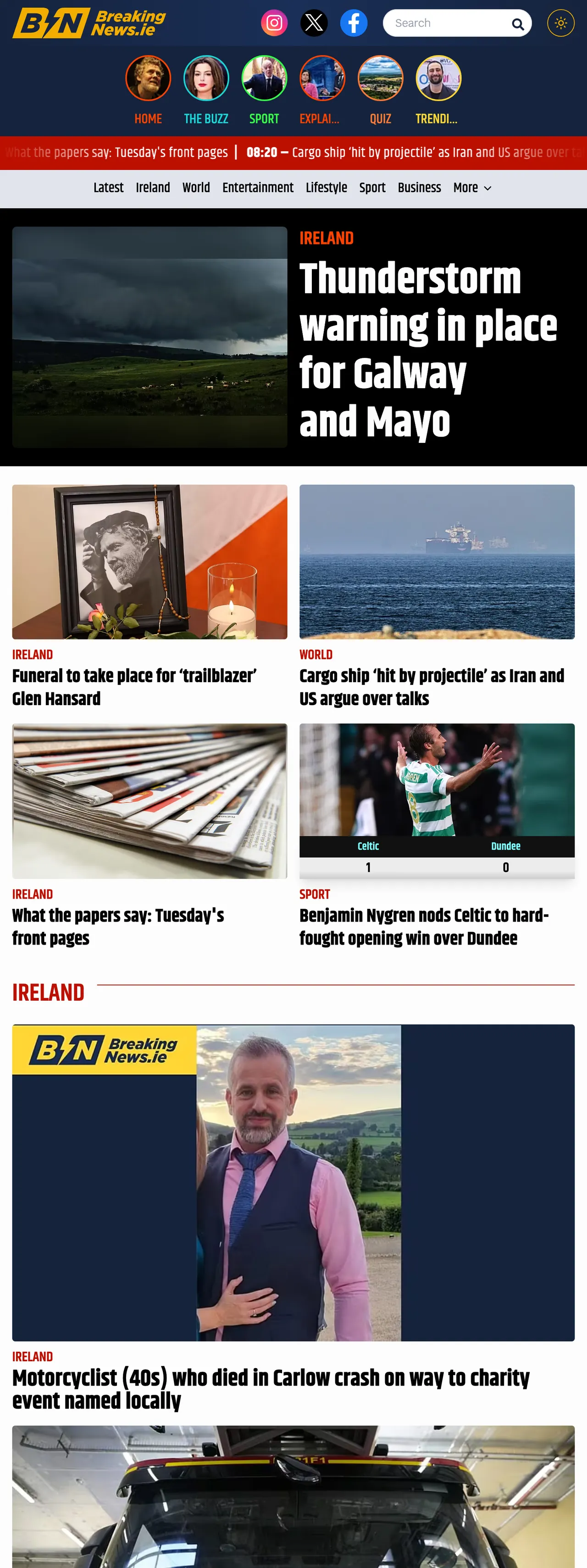 Screenshot of the BreakingNews.ie front page