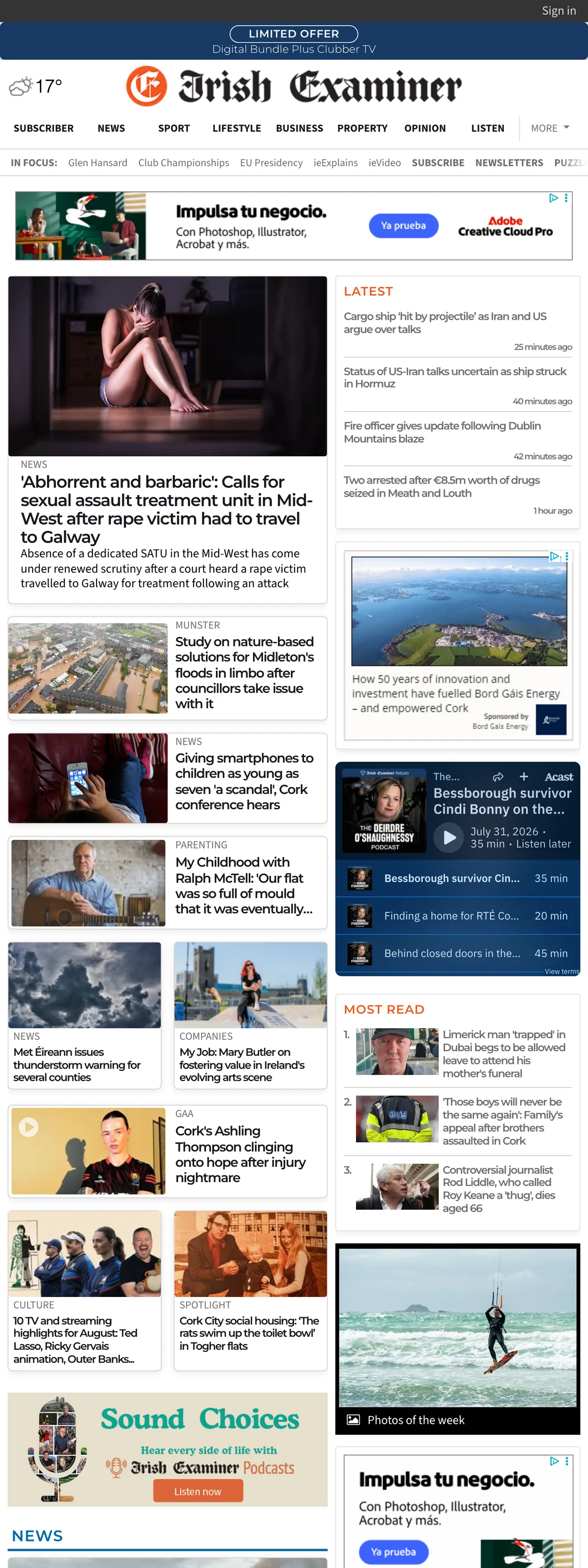 Screenshot of the Irish Examiner front page