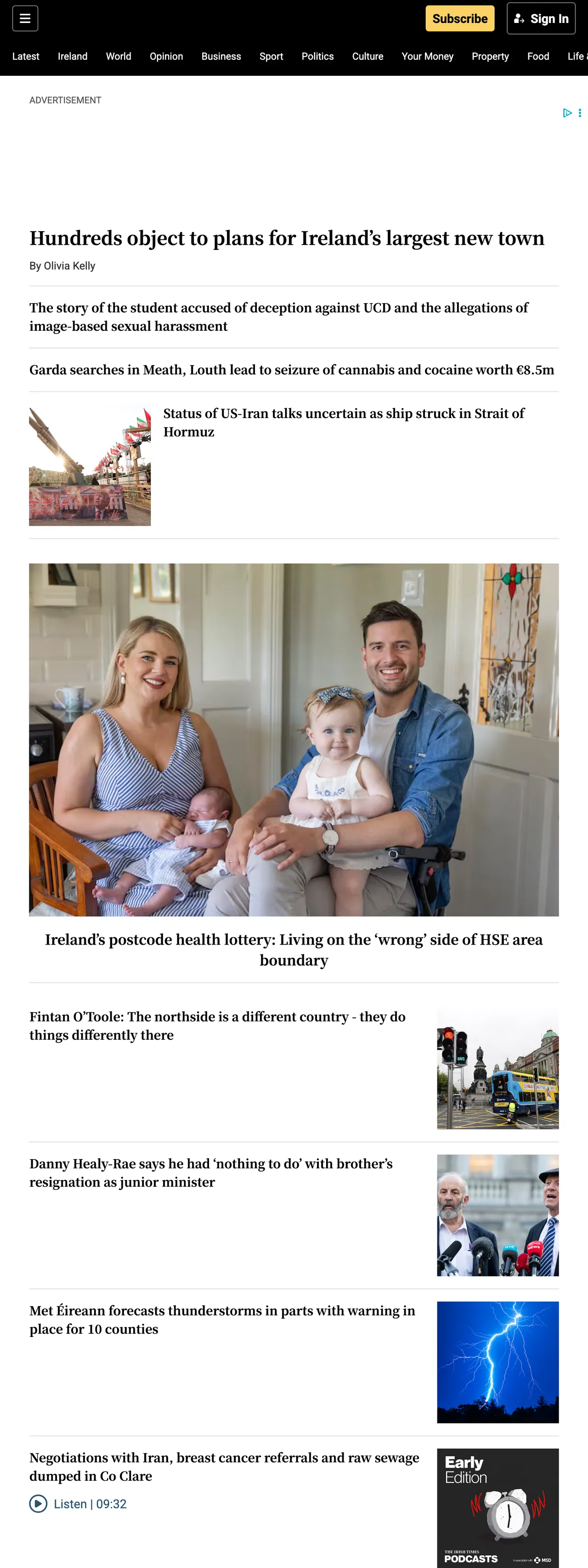 Screenshot of the The Irish Times front page