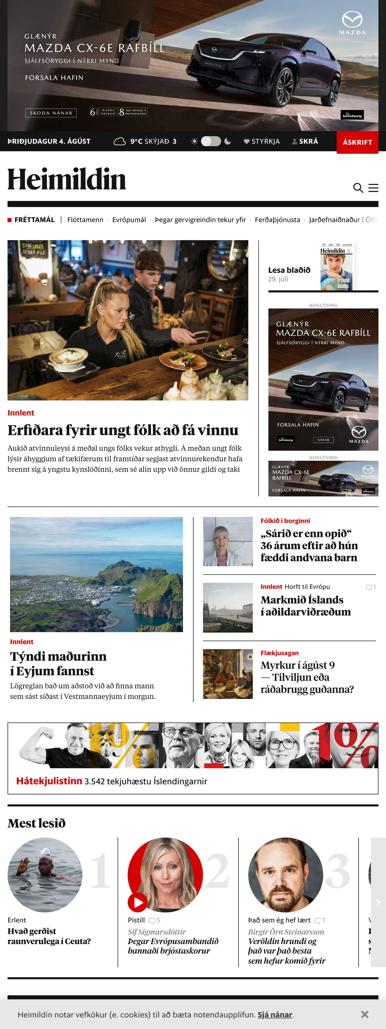 Screenshot of the Heimildin front page