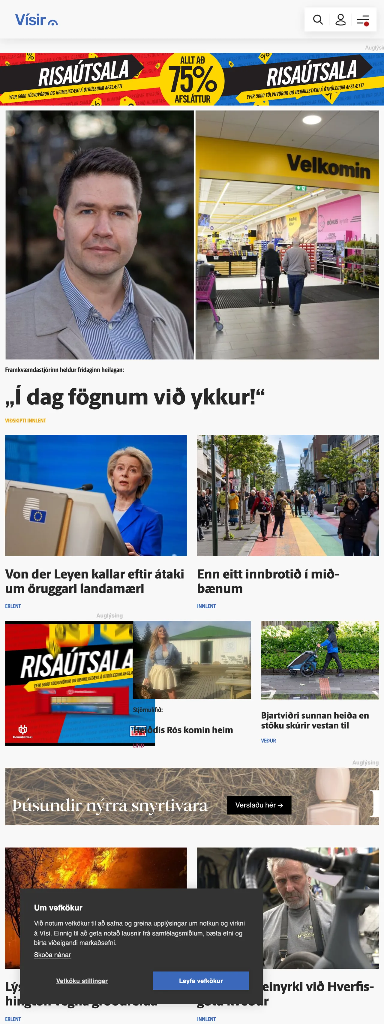 Screenshot of the Vísir front page