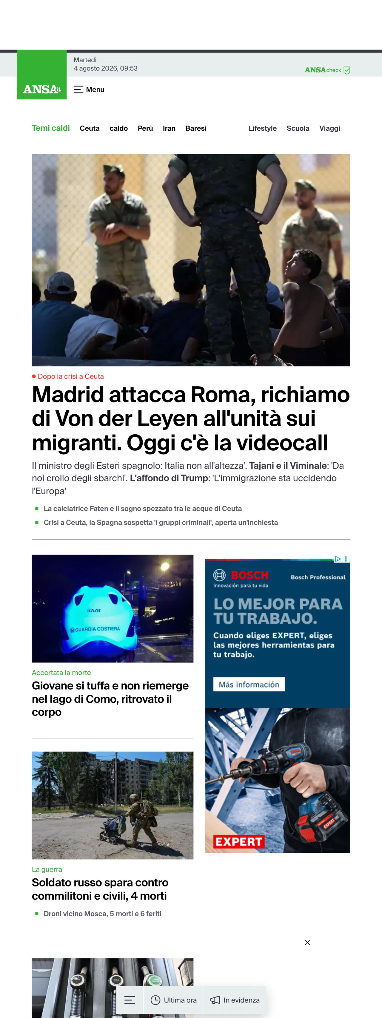 Screenshot of the ANSA front page