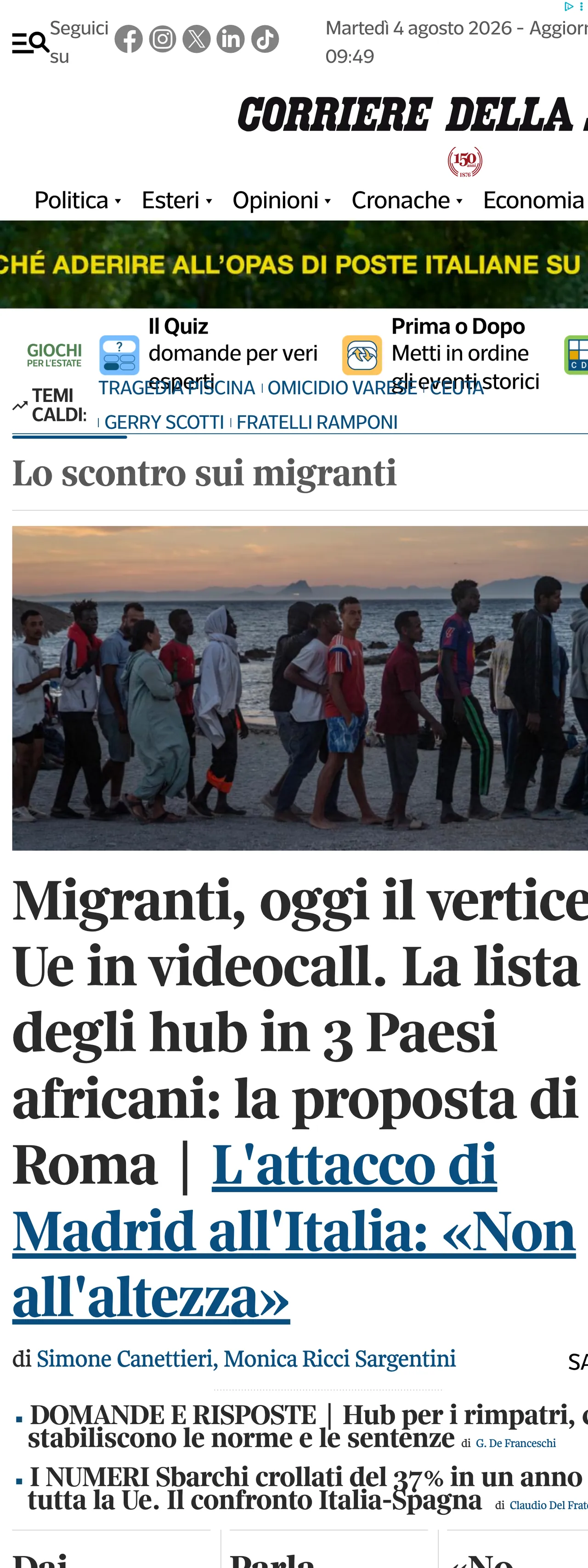 Screenshot of the Corriere della Sera front page