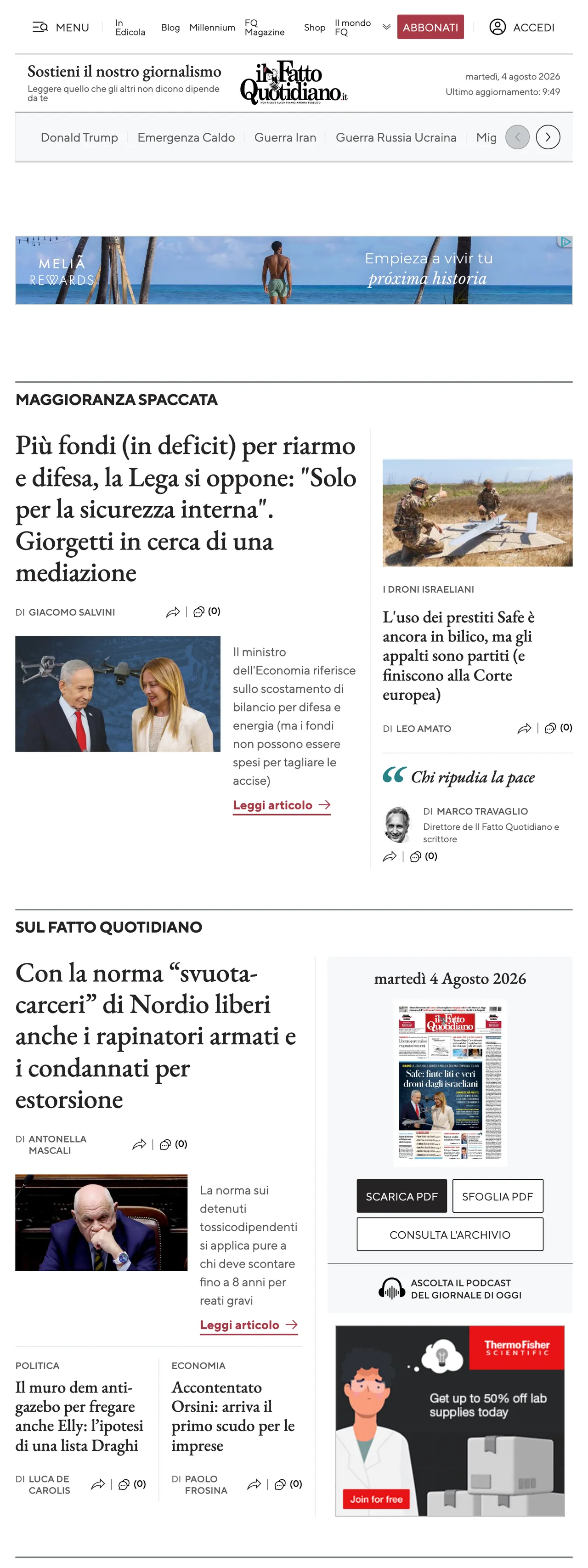 Screenshot of the Il Fatto Quotidiano front page