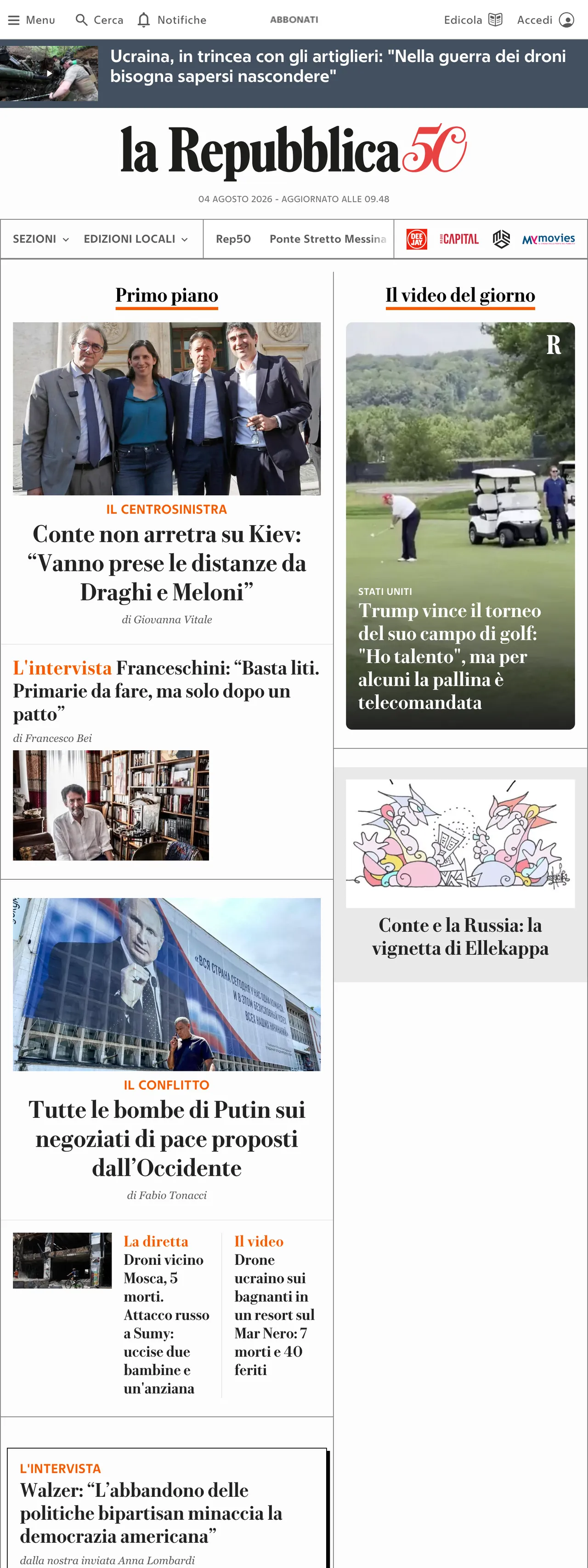 Screenshot of the la Repubblica front page