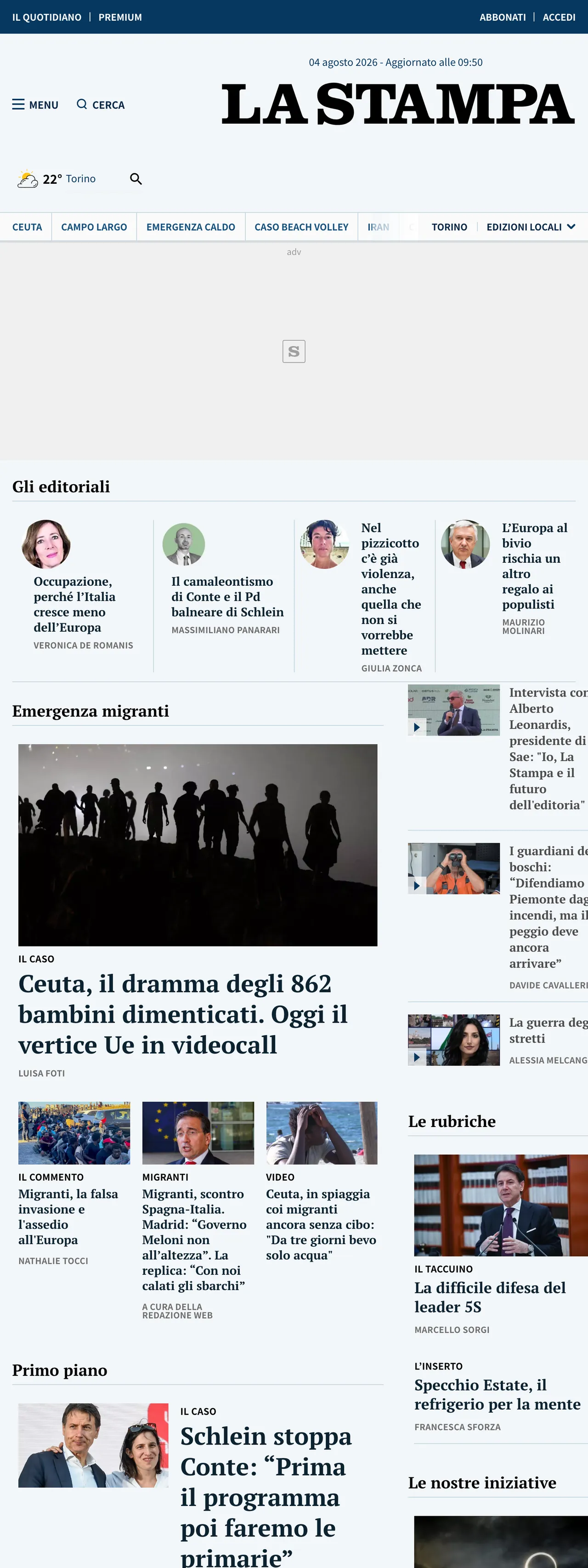 Screenshot of the La Stampa front page