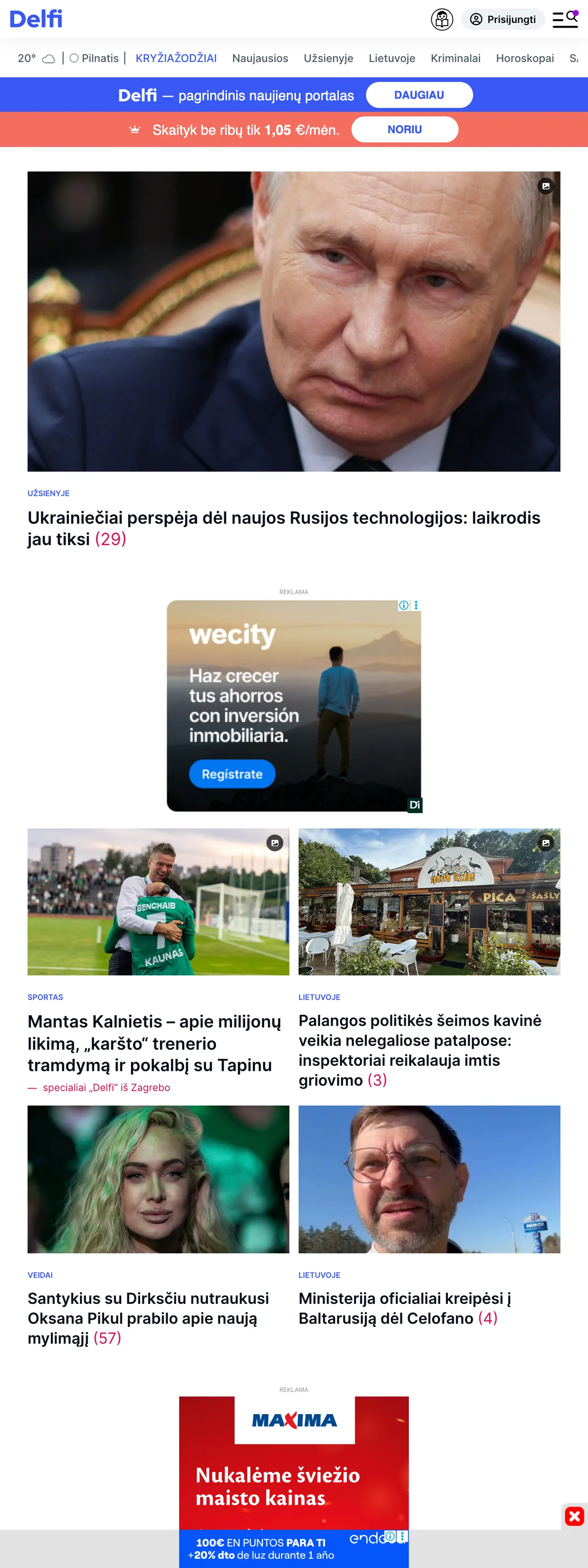 Screenshot of the Delfi front page