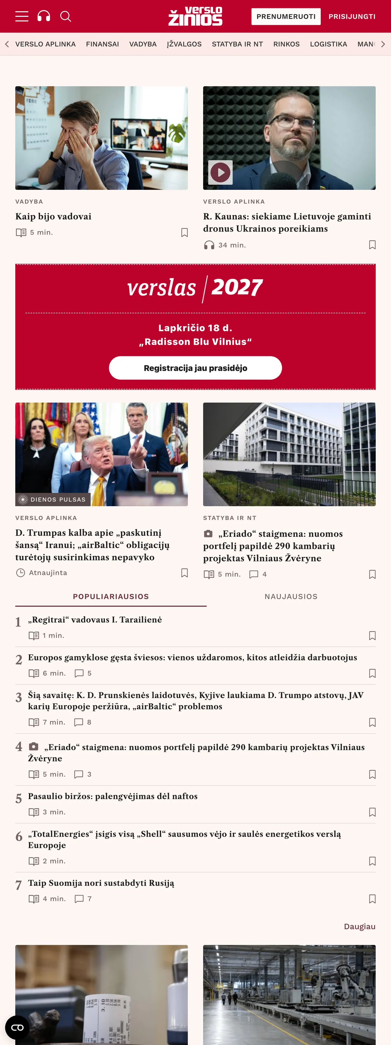 Screenshot of the Verslo žinios front page