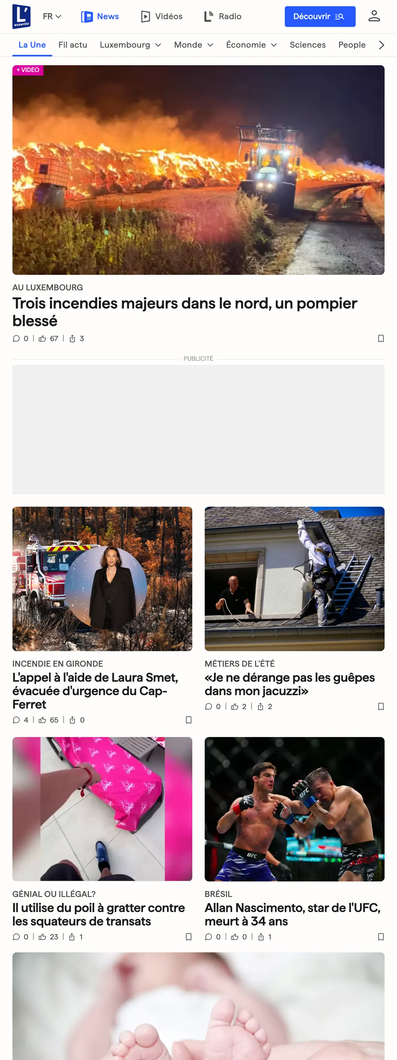 Screenshot of the L'essentiel front page