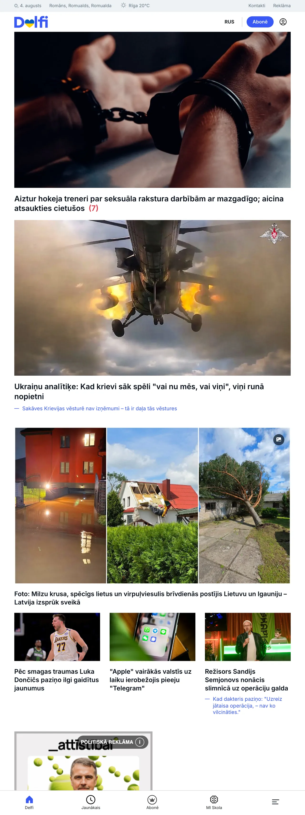 Screenshot of the Delfi front page