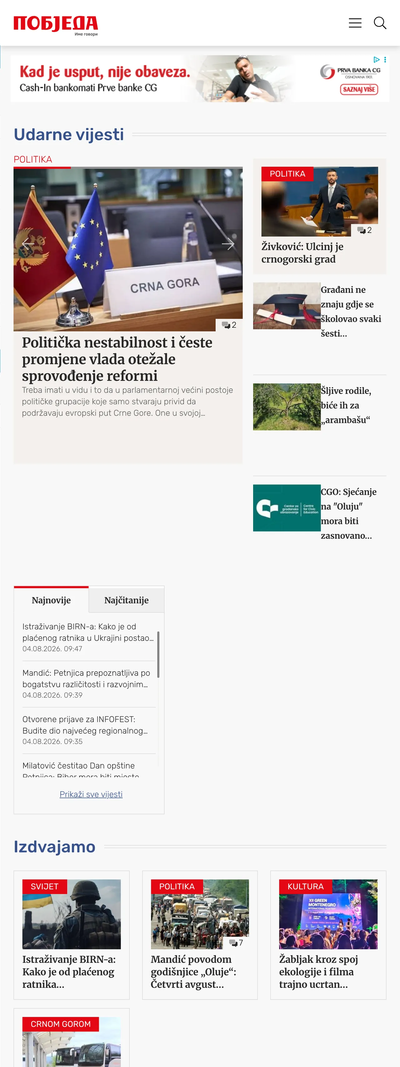 Screenshot of the Pobjeda front page