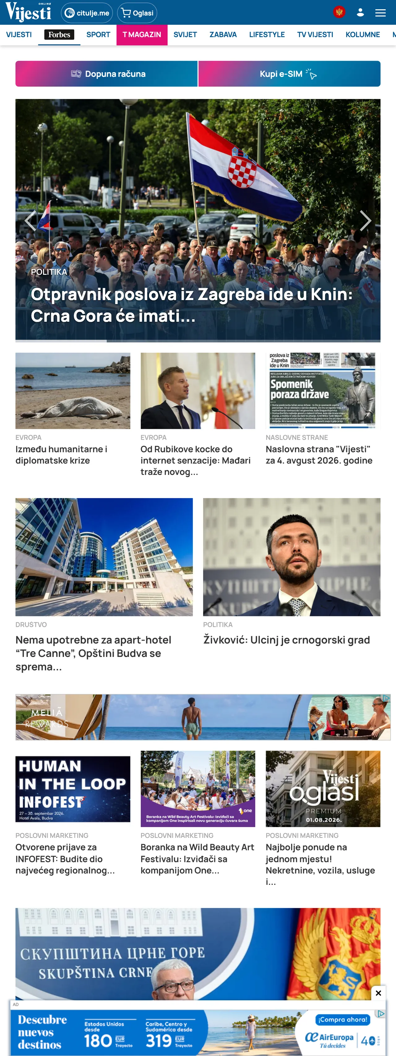 Screenshot of the Vijesti front page
