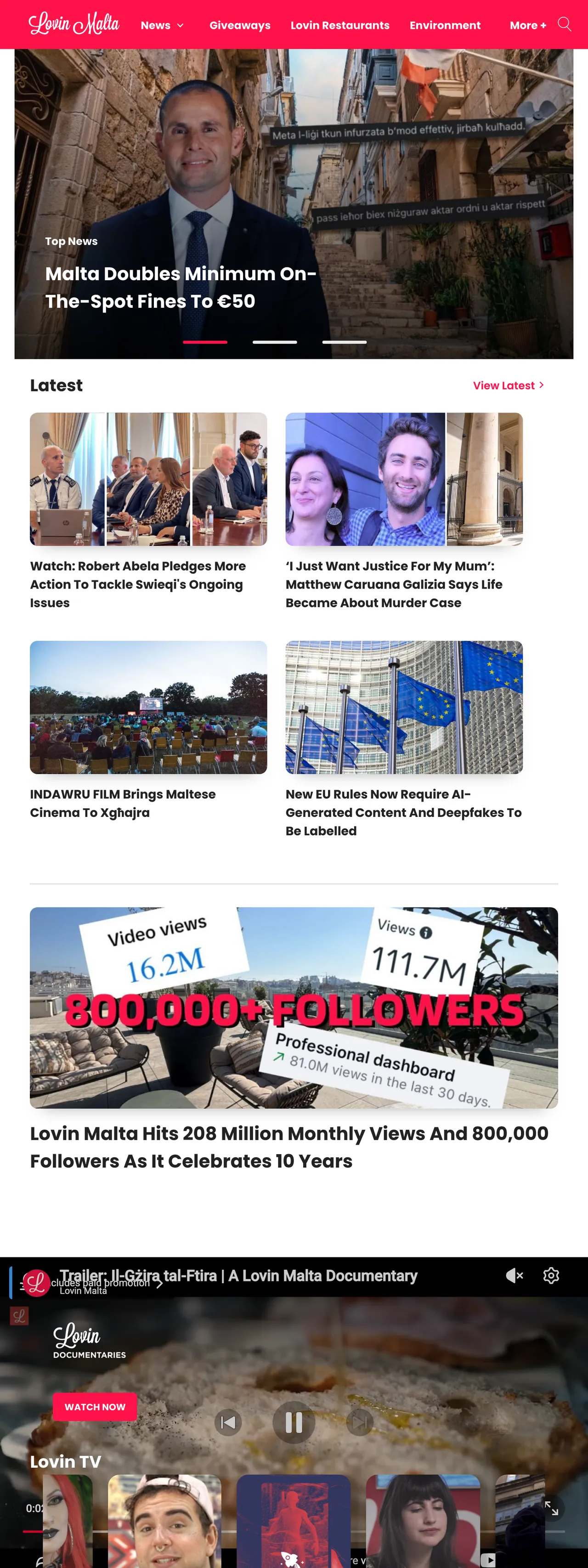 Screenshot of the Lovin Malta front page
