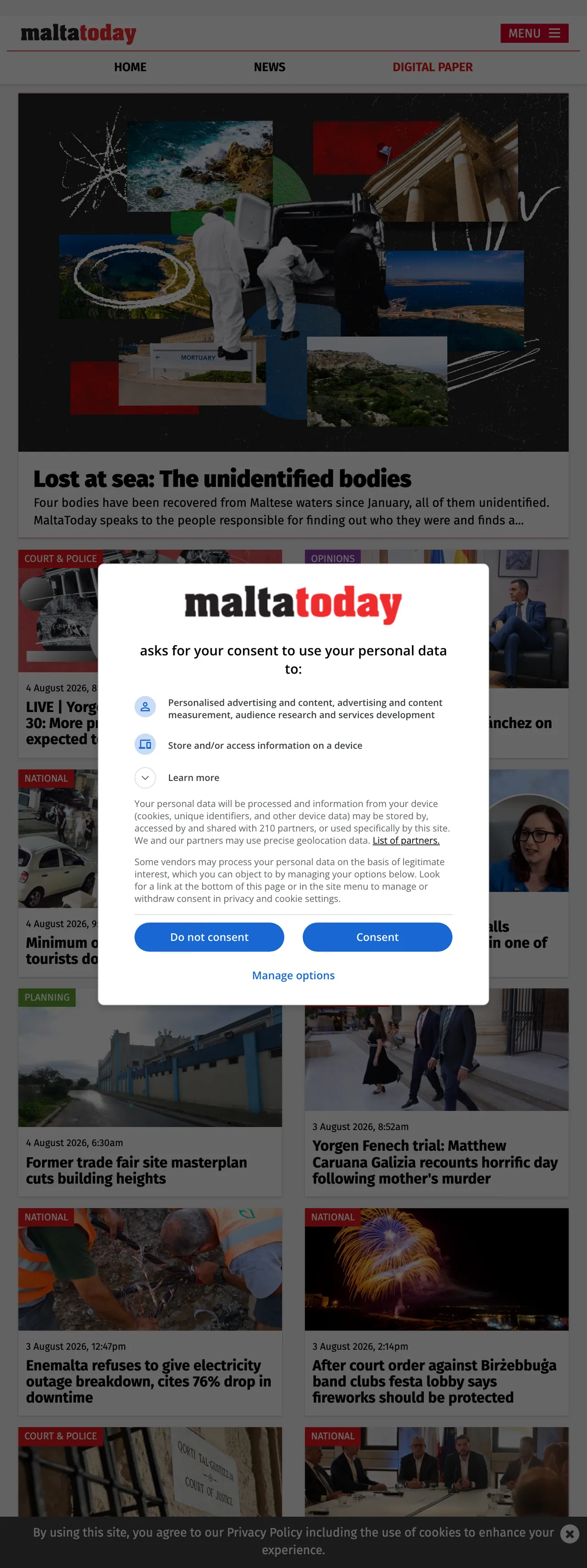Screenshot of the Malta Today front page