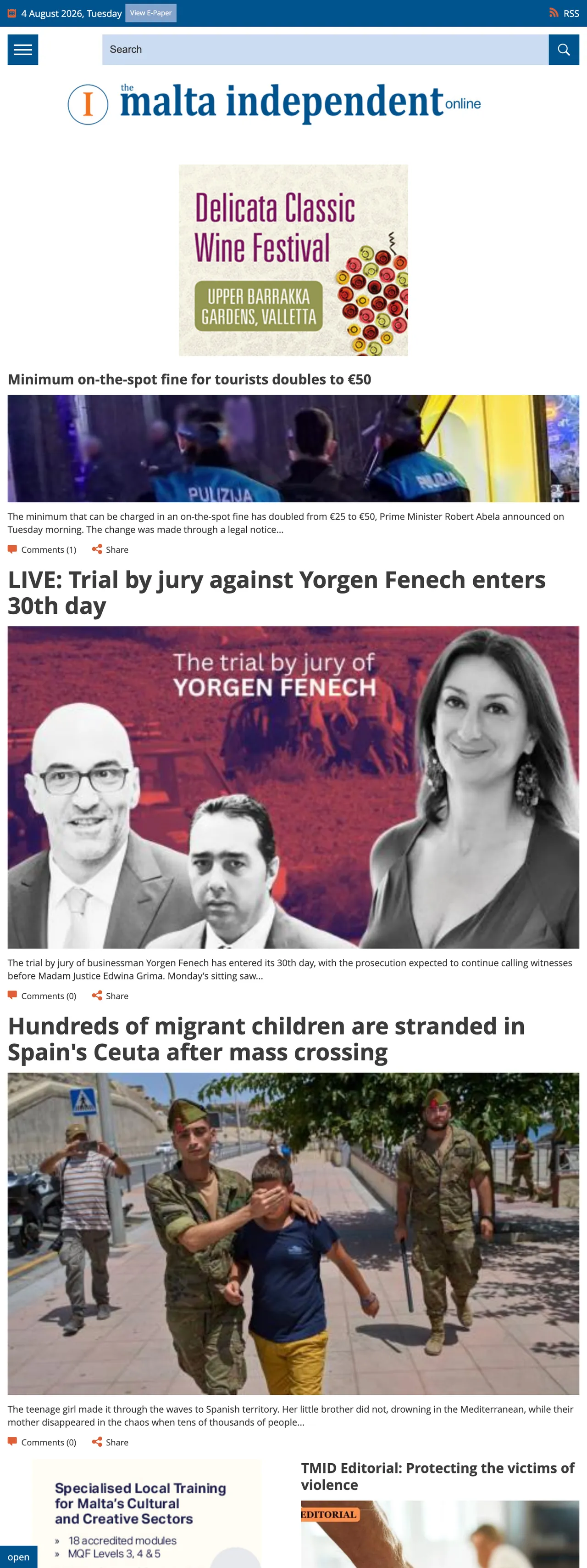 Screenshot of the The Malta Independent front page