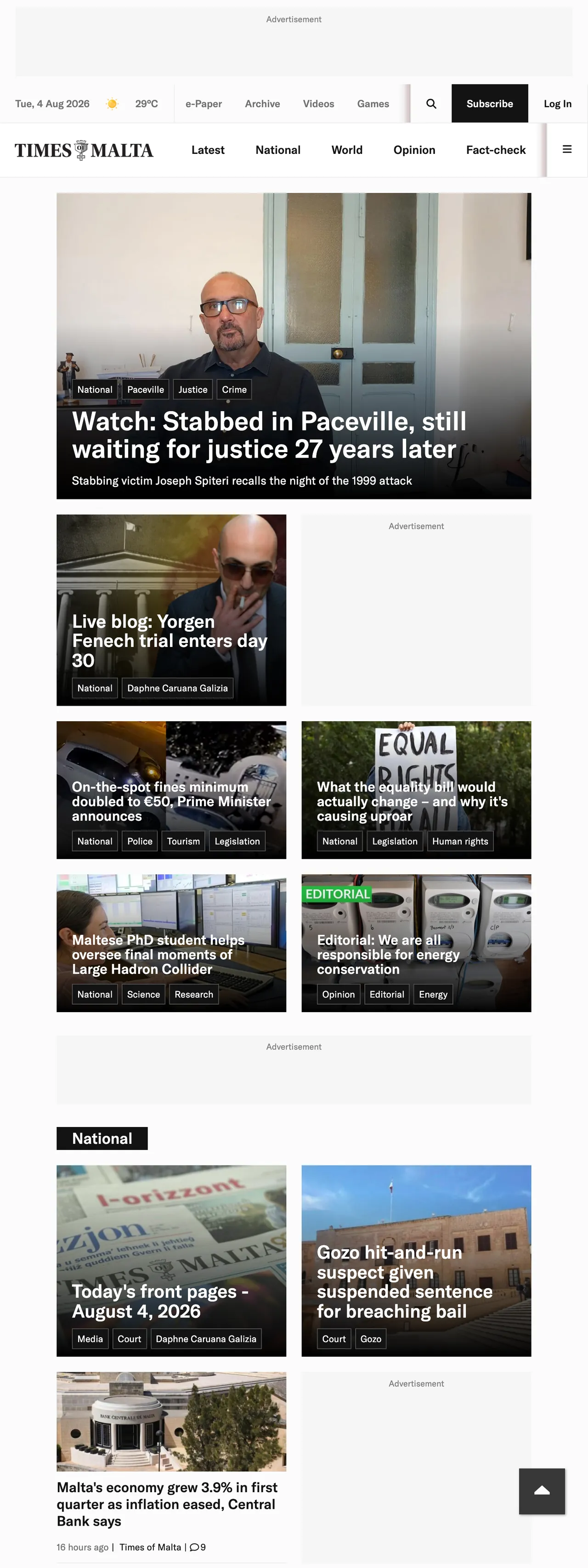 Screenshot of the Times of Malta front page