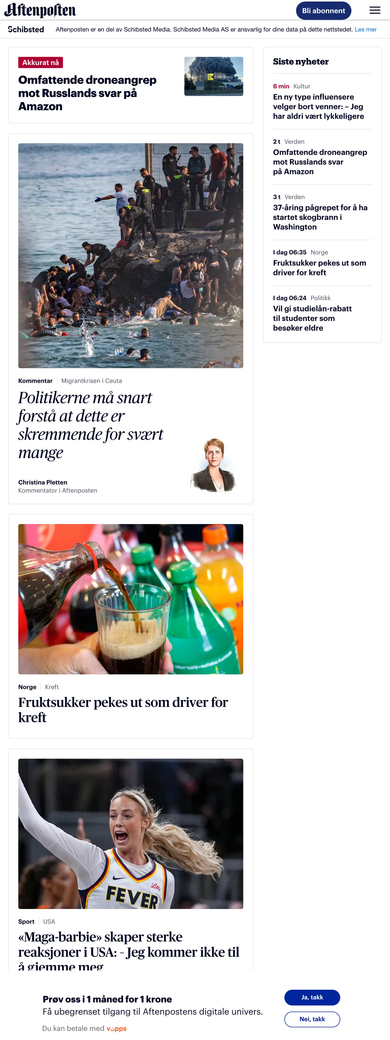 Screenshot of the Aftenposten front page