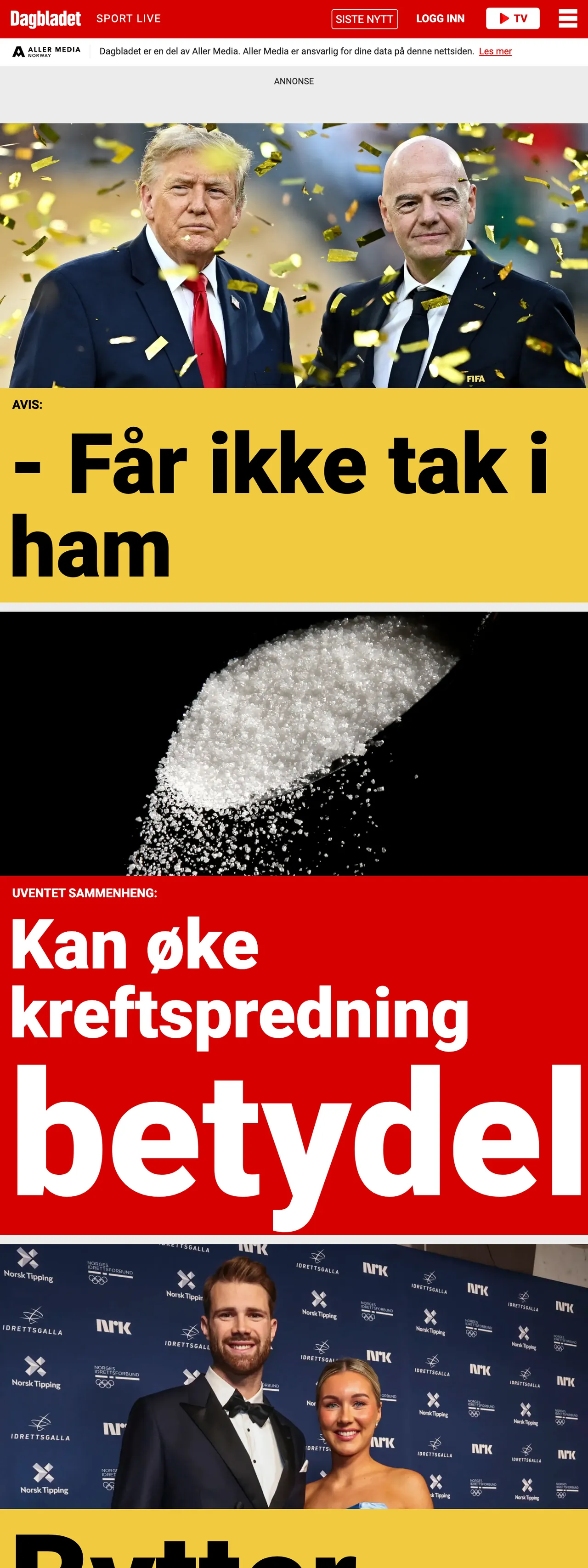 Screenshot of the Dagbladet front page