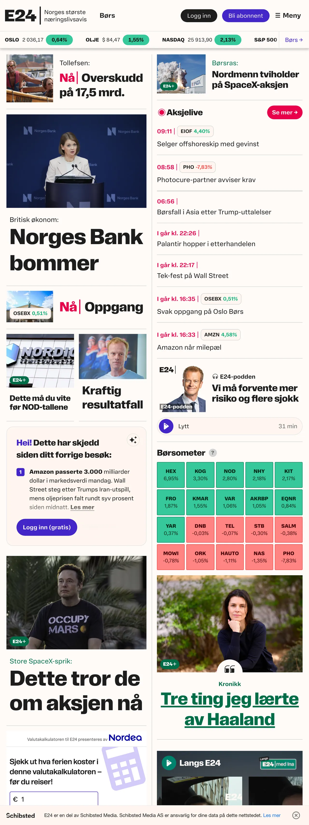Screenshot of the E24 front page
