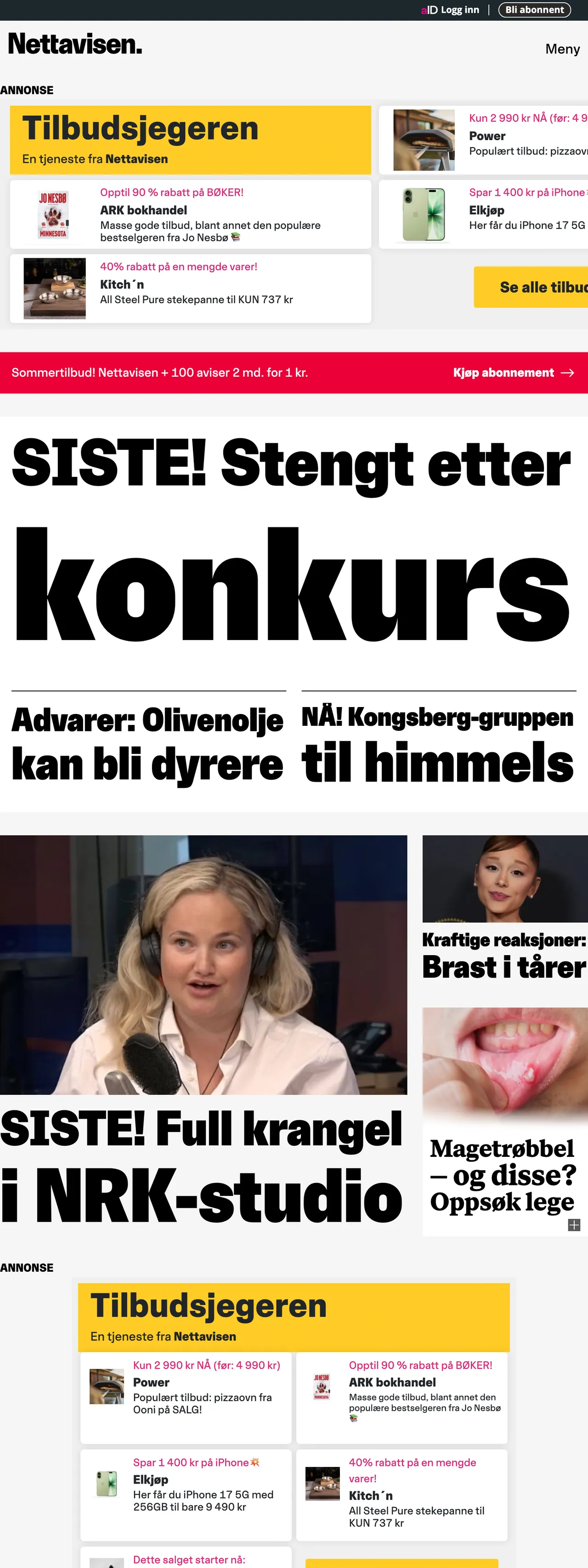 Screenshot of the Nettavisen front page