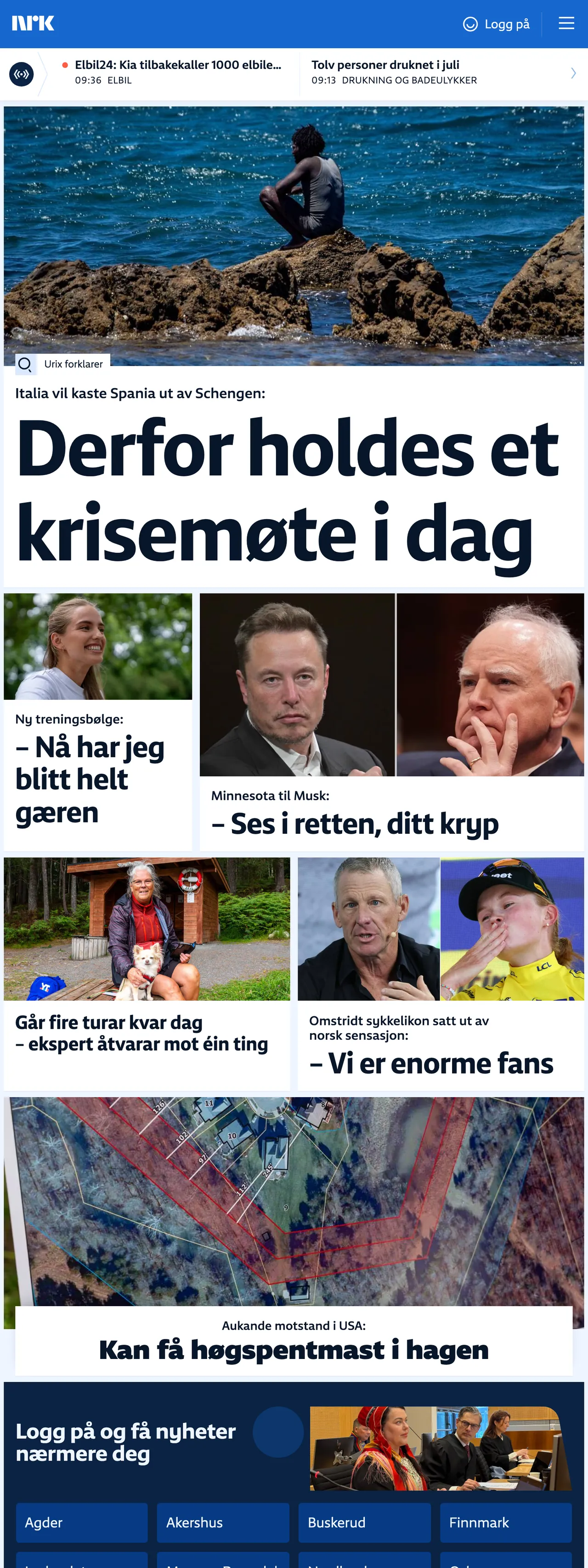 Screenshot of the NRK front page