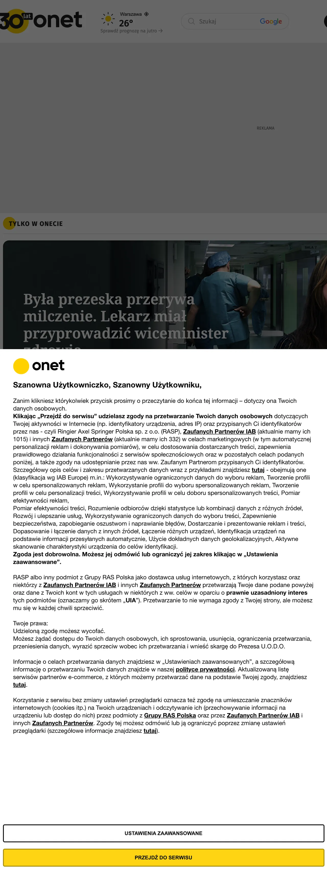 Screenshot of the Onet front page
