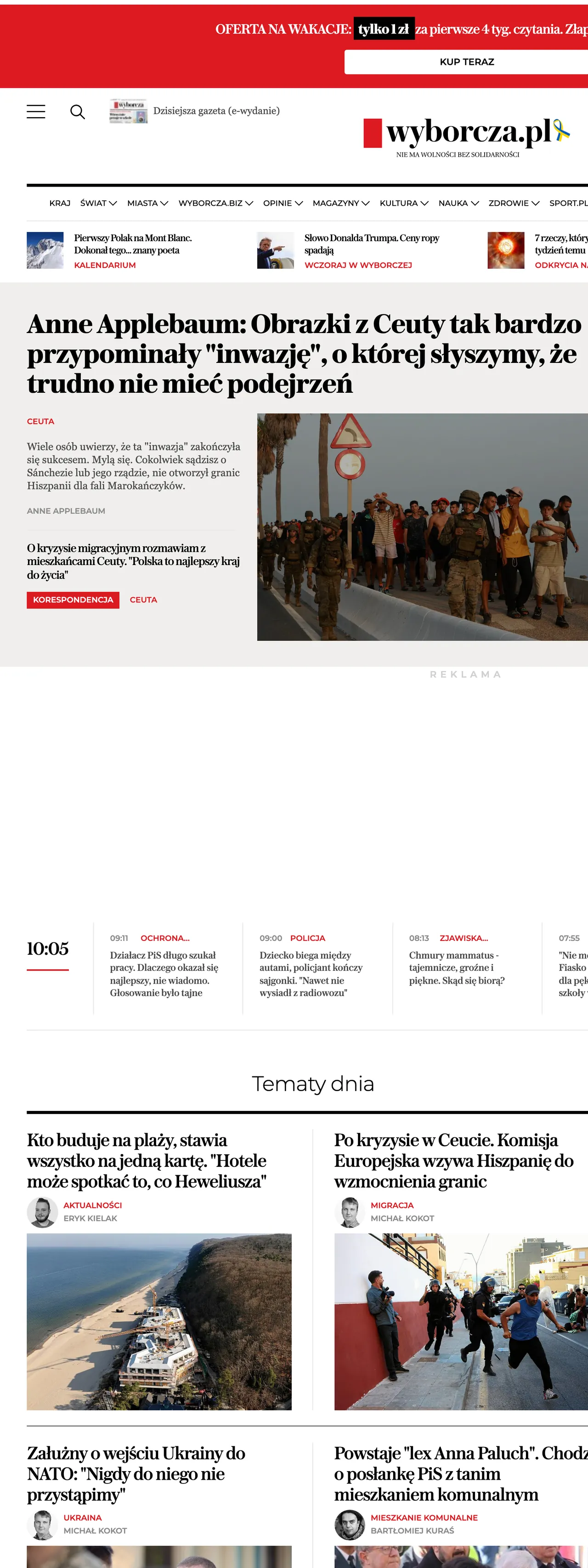 Screenshot of the Wyborcza front page
