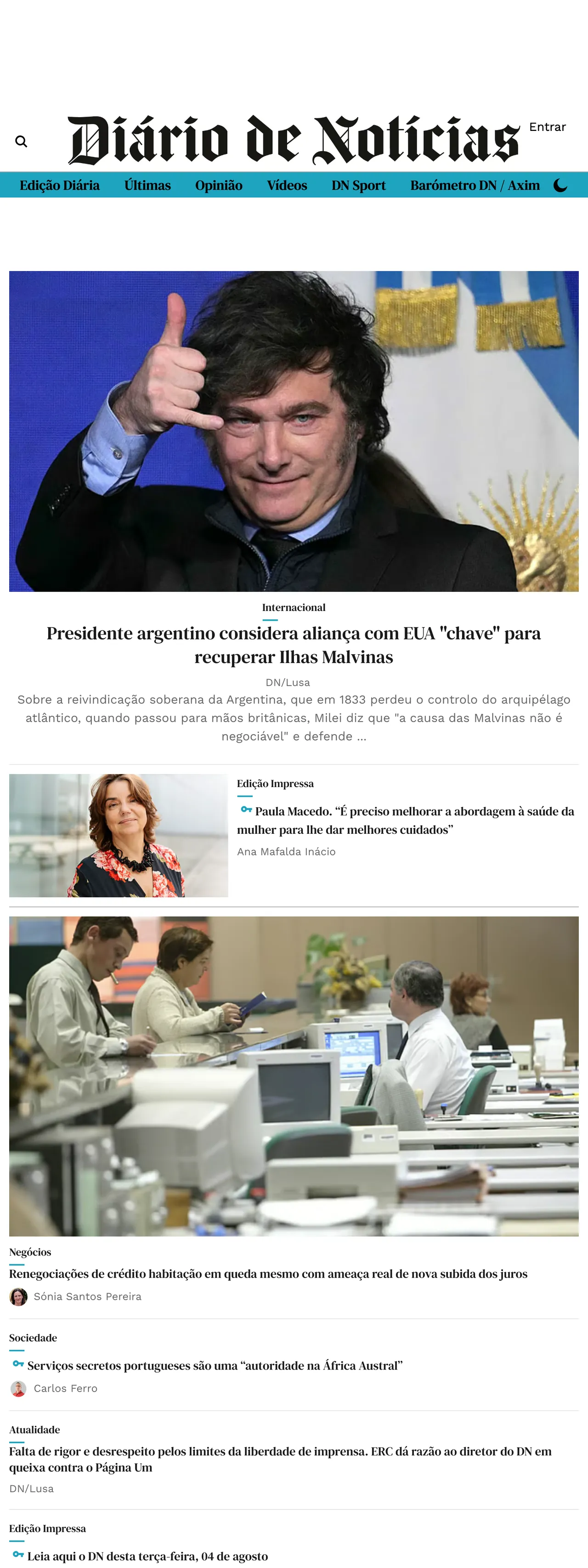Screenshot of the Diário de Notícias front page