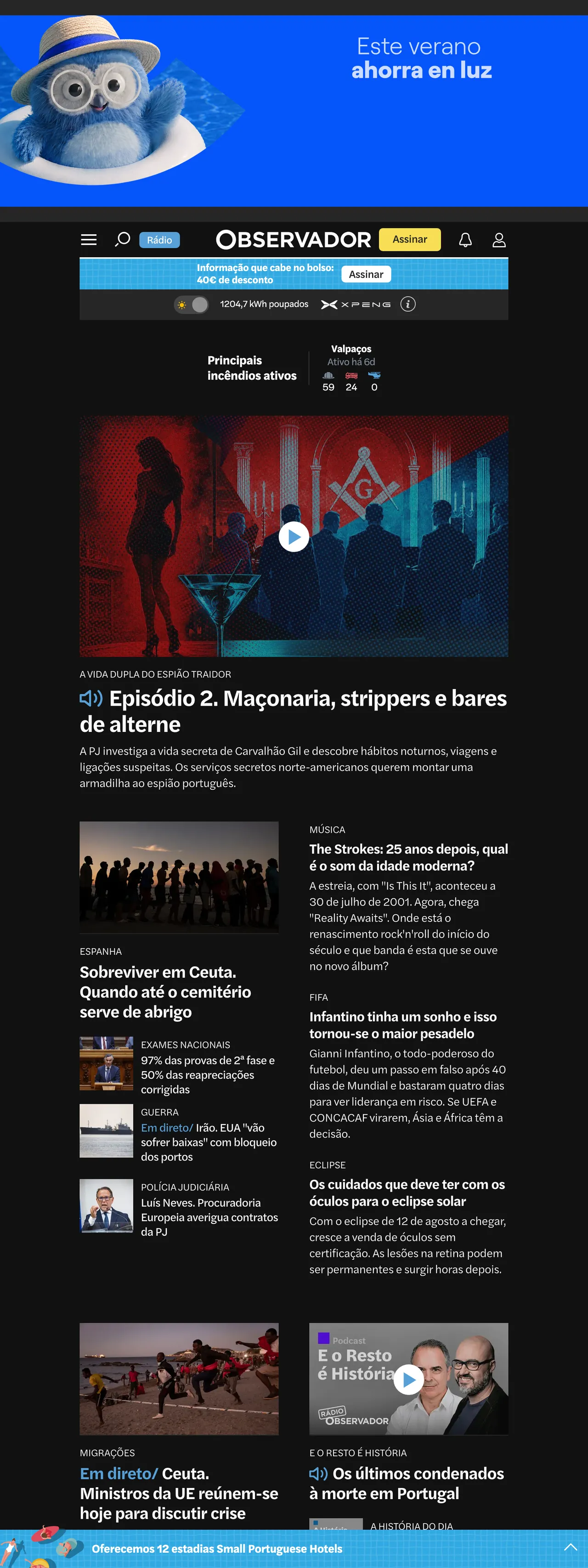 Screenshot of the Observador front page