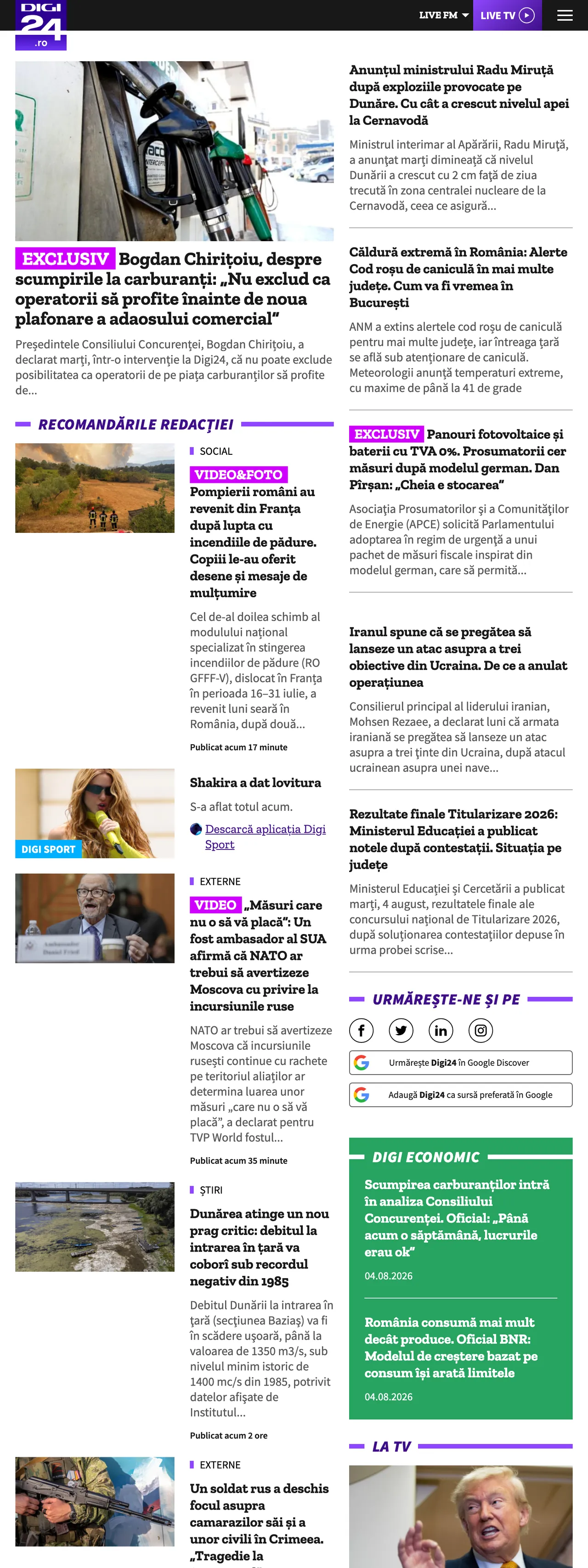 Screenshot of the Digi24 front page