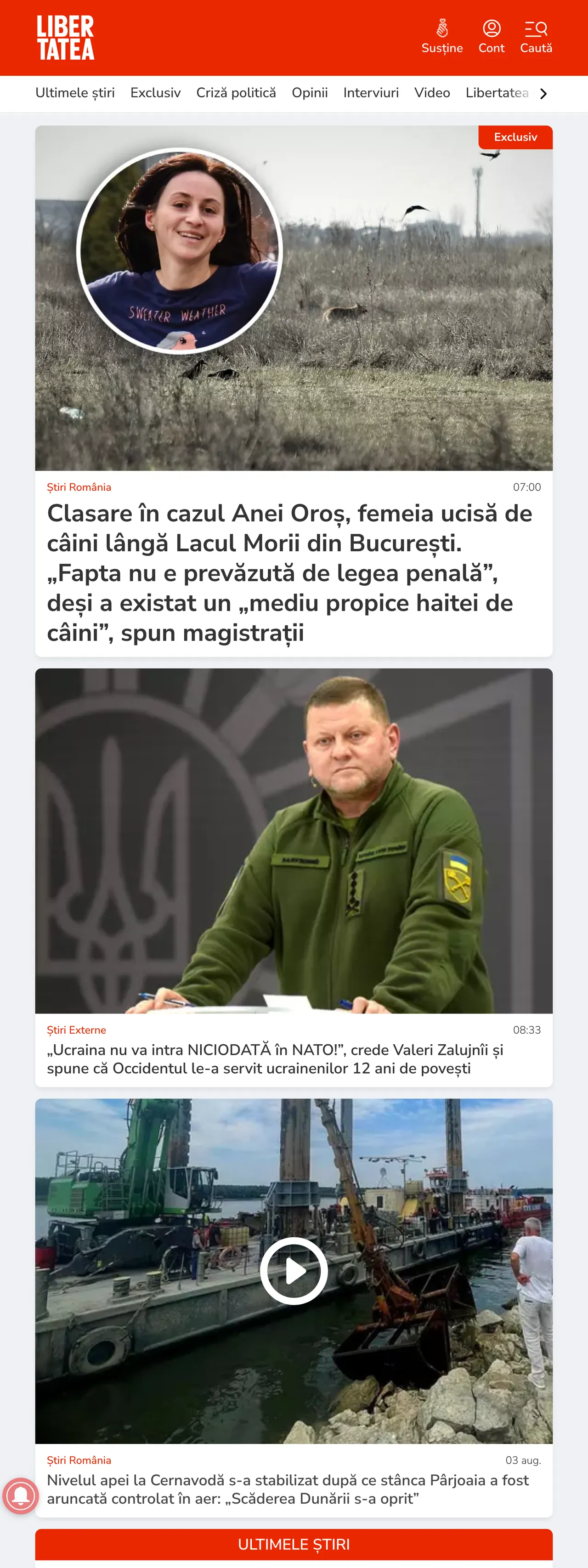 Screenshot of the Libertatea front page