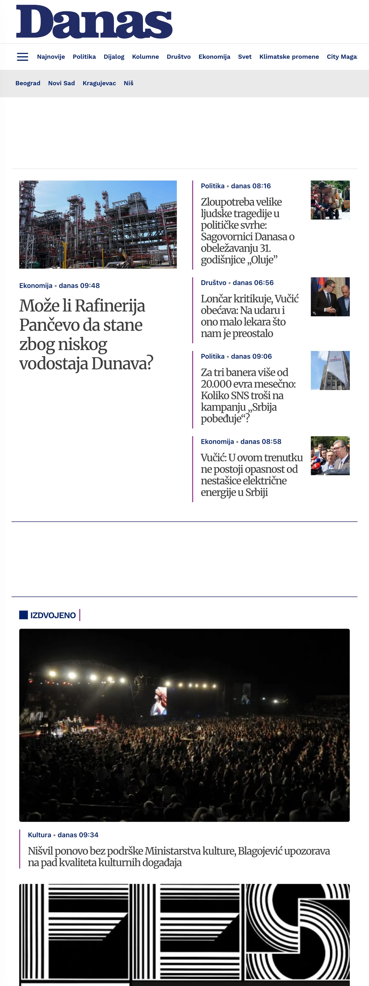 Screenshot of the Danas front page