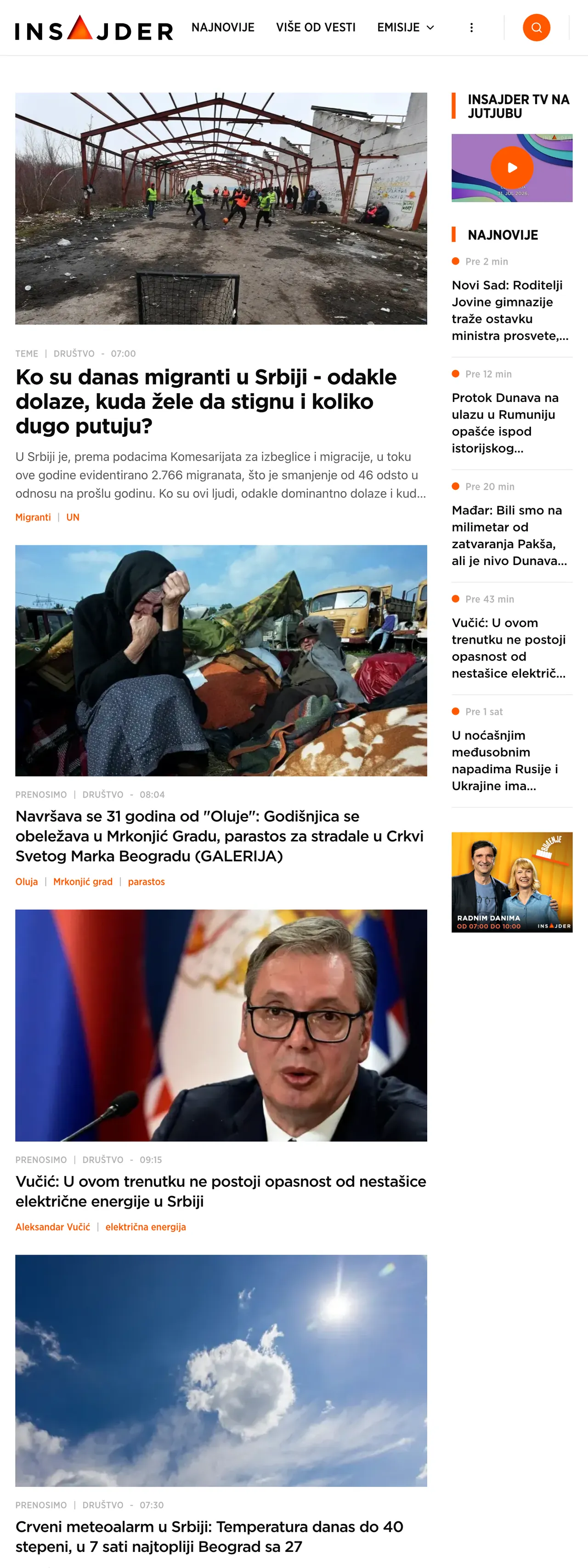 Screenshot of the Insajder front page