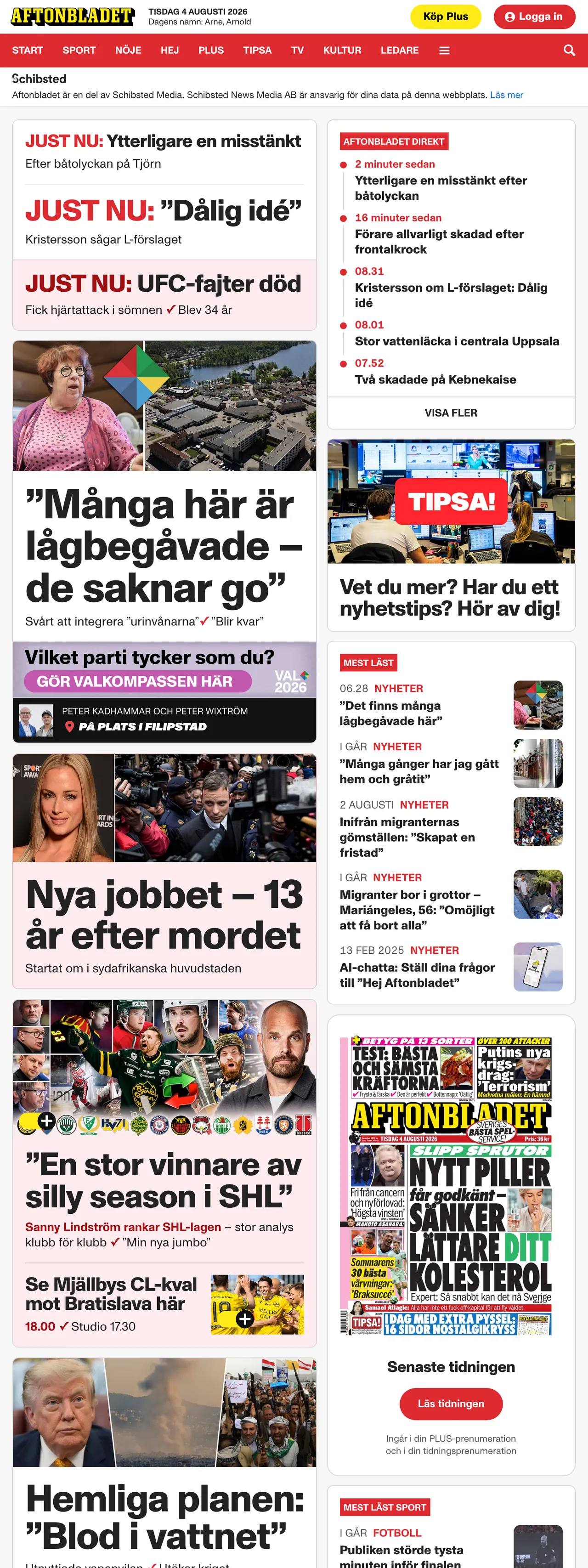 Screenshot of the Aftonbladet front page