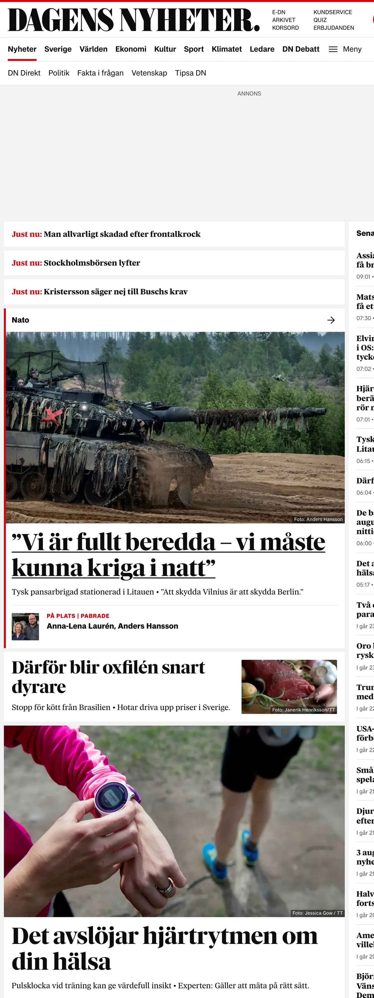 Screenshot of the Dagens Nyheter front page