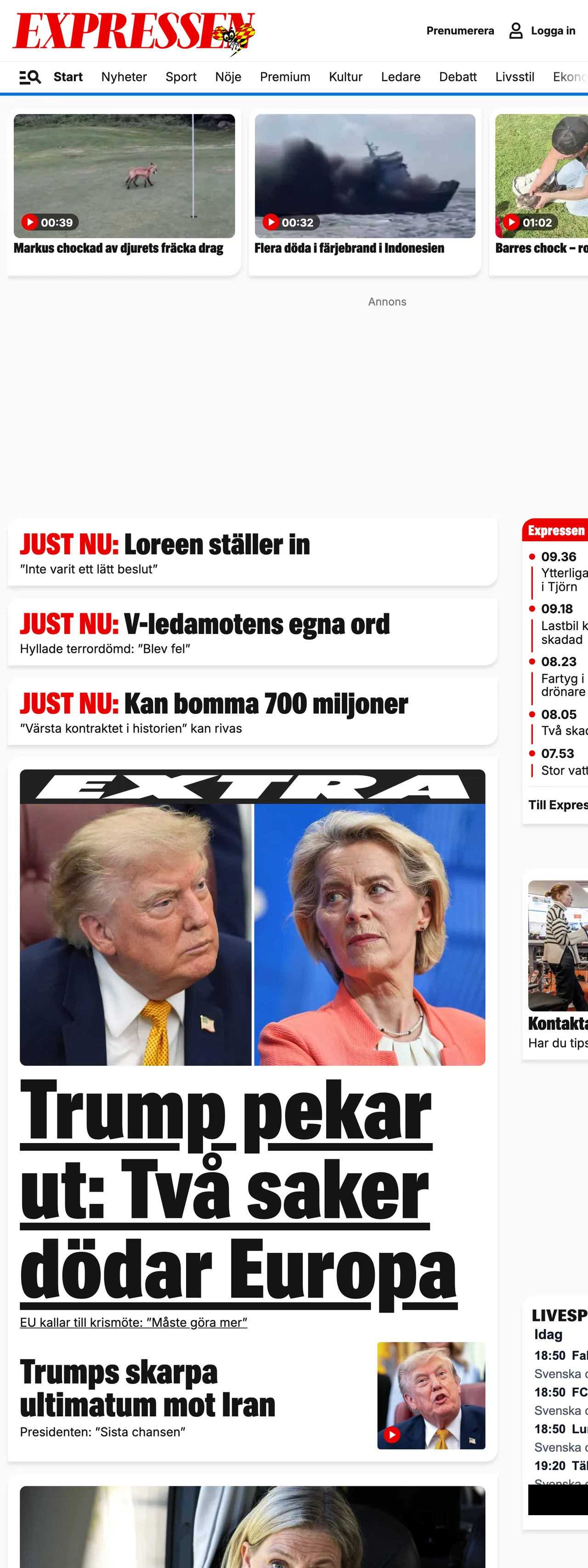 Screenshot of the Expressen front page
