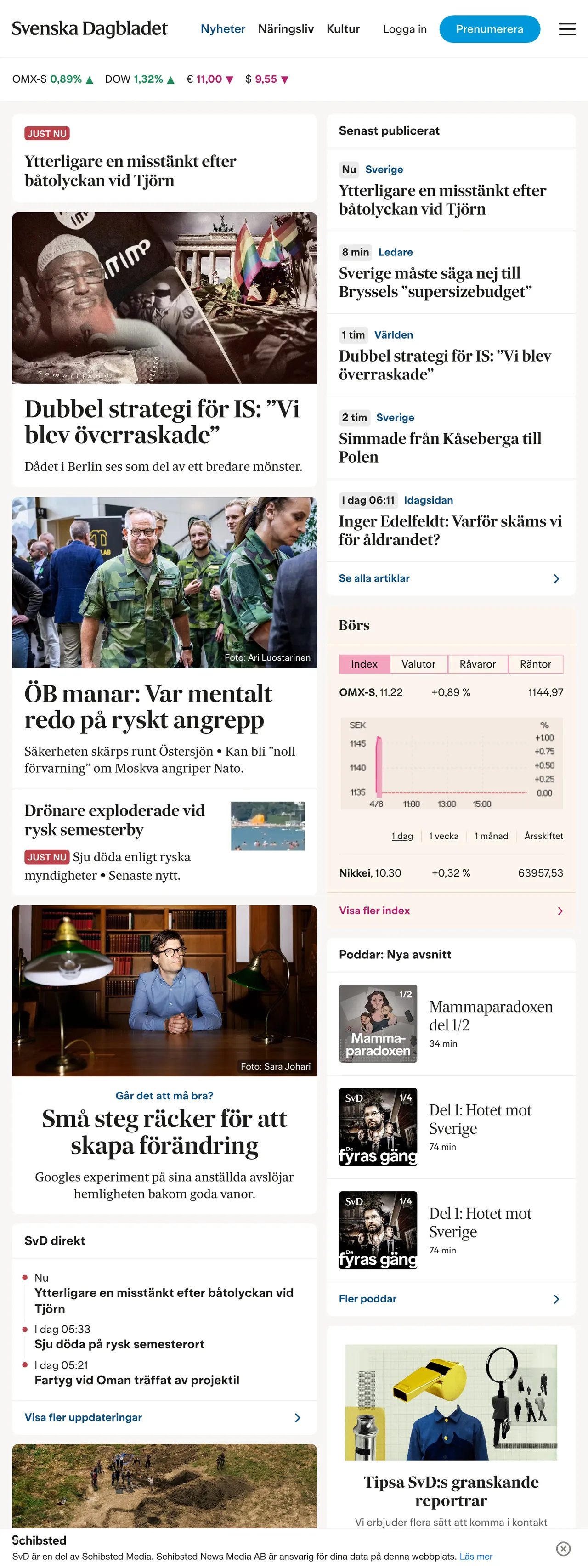 Screenshot of the Svenska Dagbladet front page