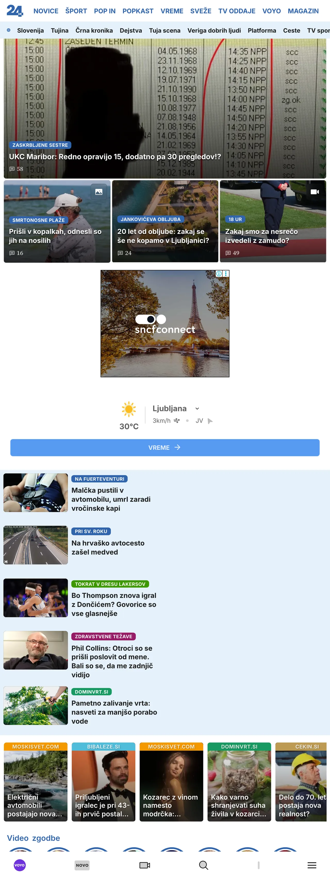 Screenshot of the 24ur front page