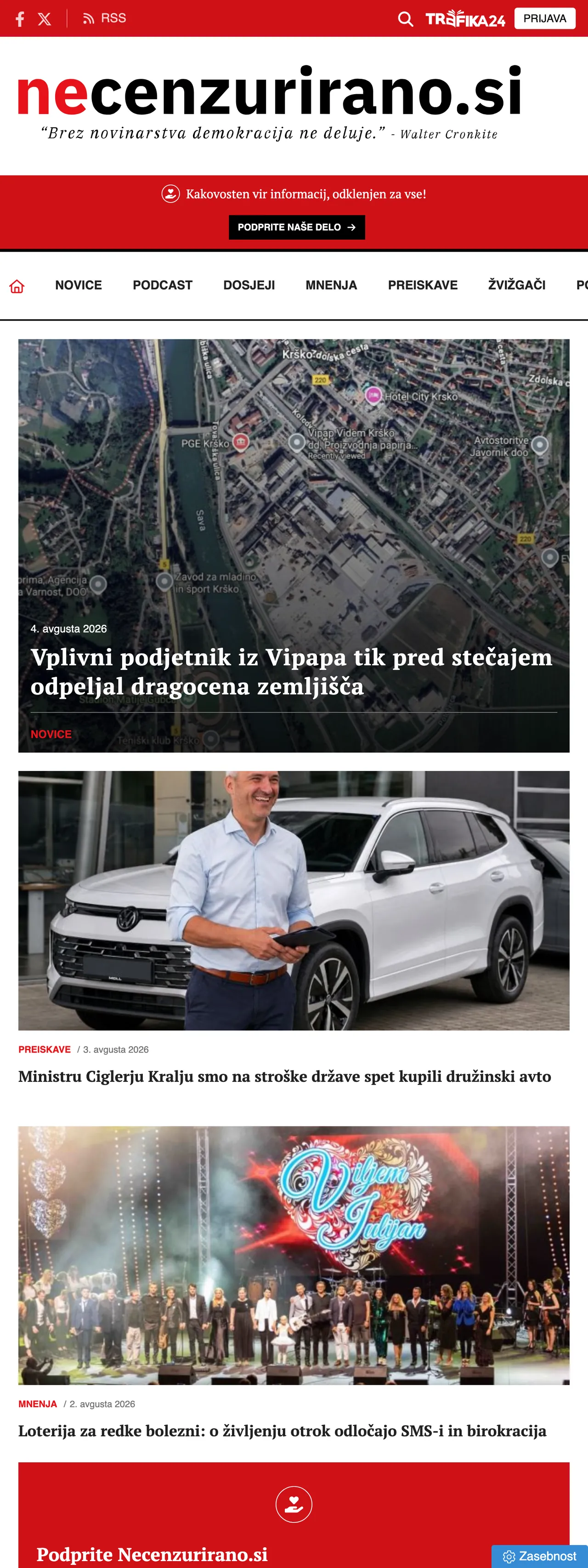 Screenshot of the Necenzurirano front page