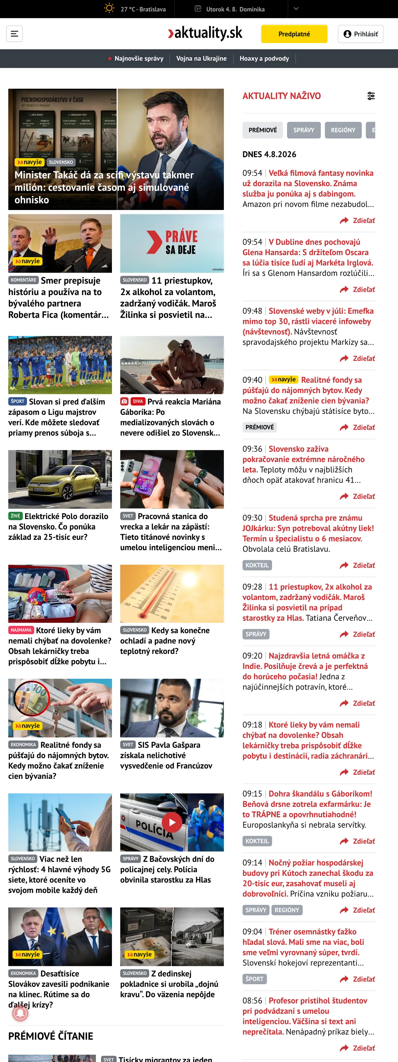 Screenshot of the Aktuality.sk front page