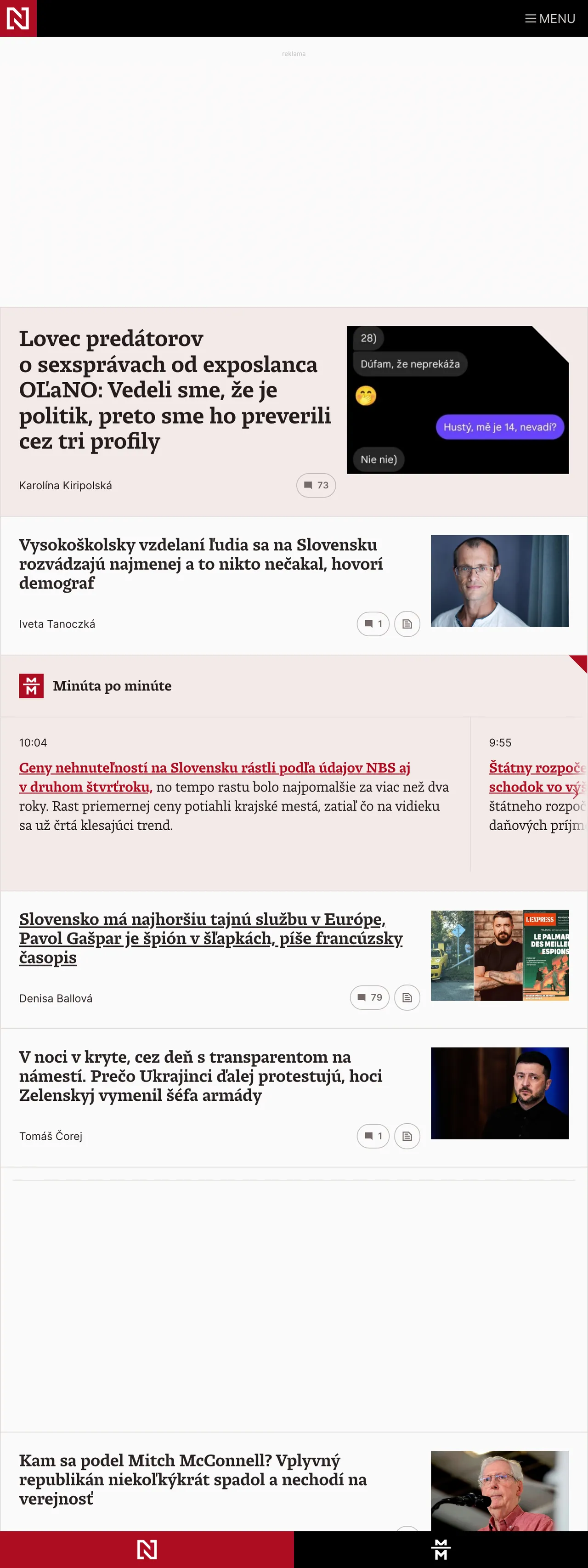 Screenshot of the Denník N front page