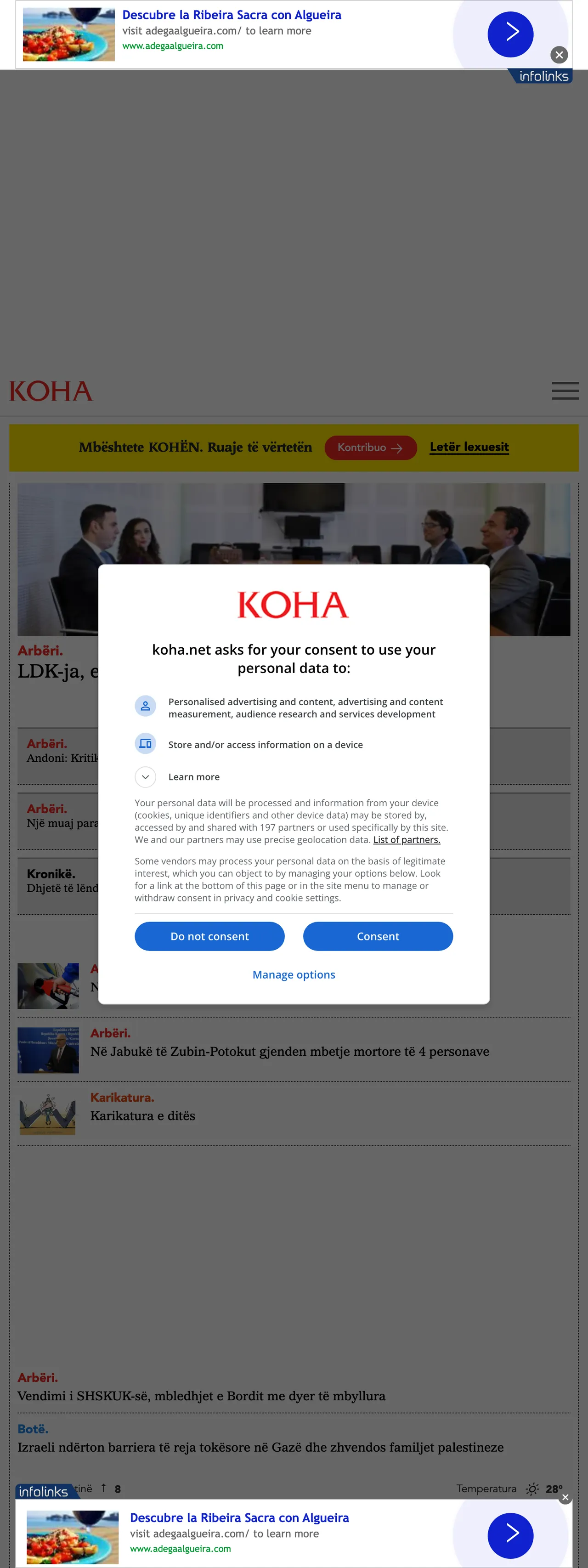 Screenshot of the Koha Ditore front page