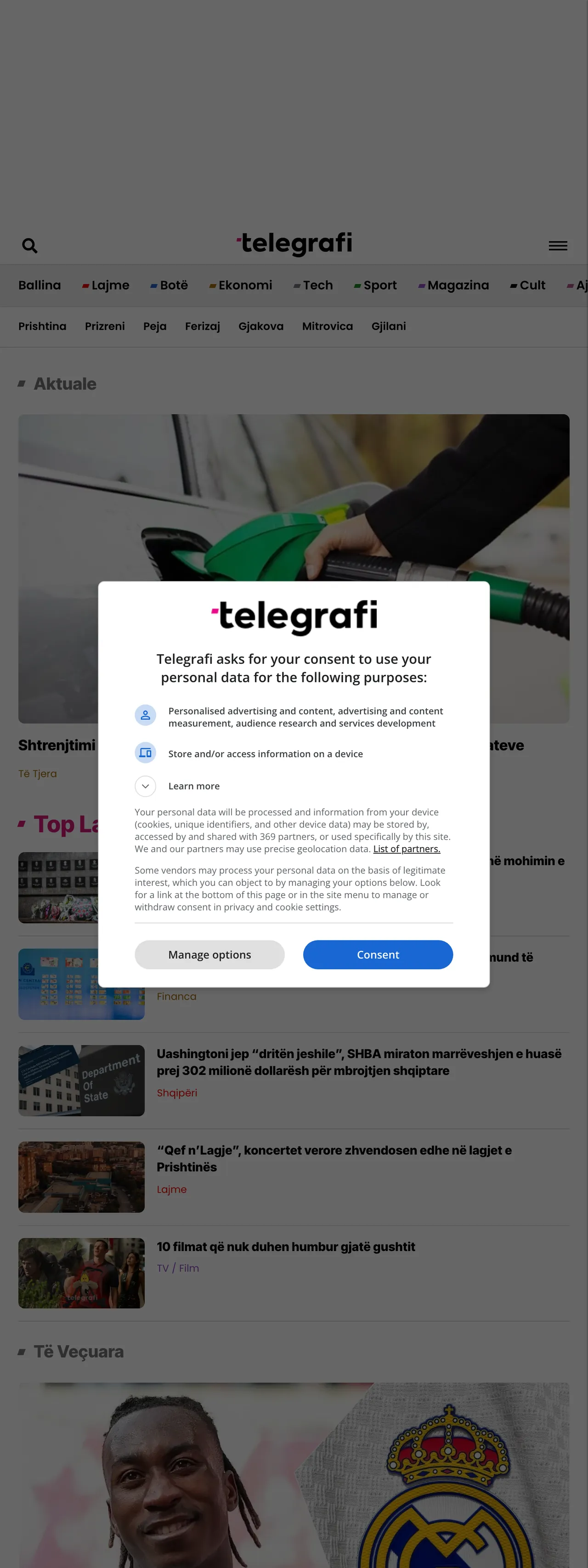Screenshot of the Telegrafi front page