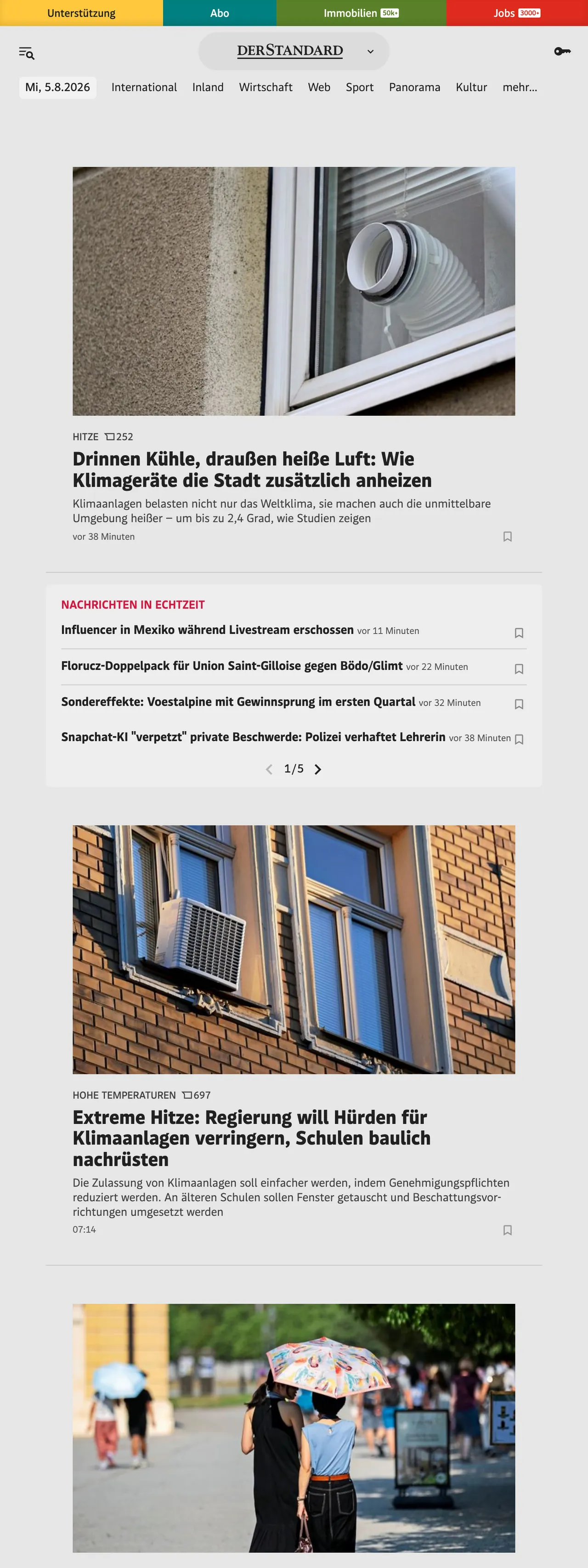 Screenshot of the DER STANDARD front page