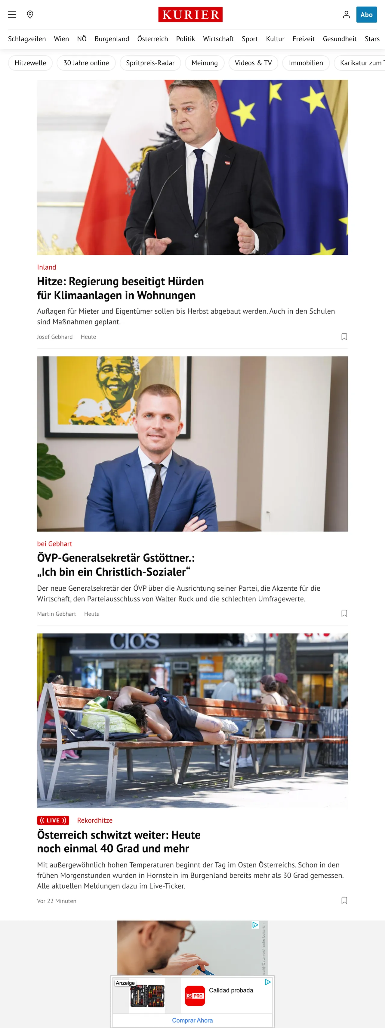 Screenshot of the Kurier front page