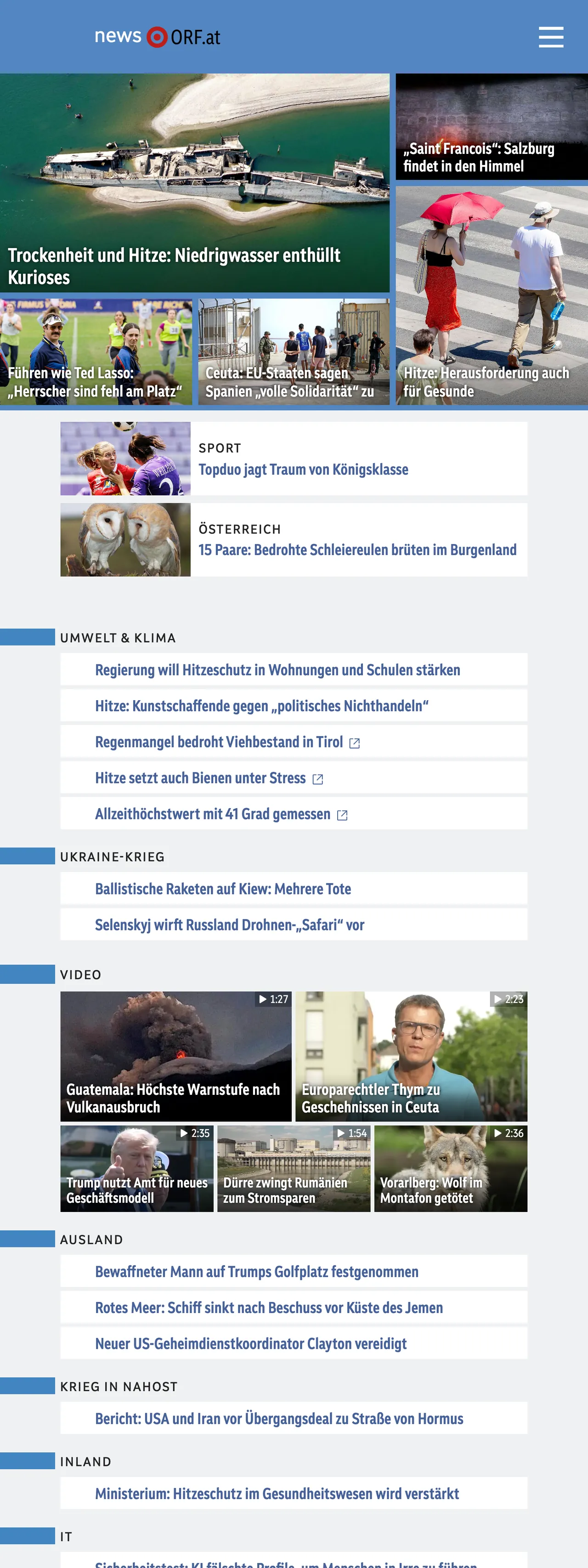 Screenshot of the ORF front page