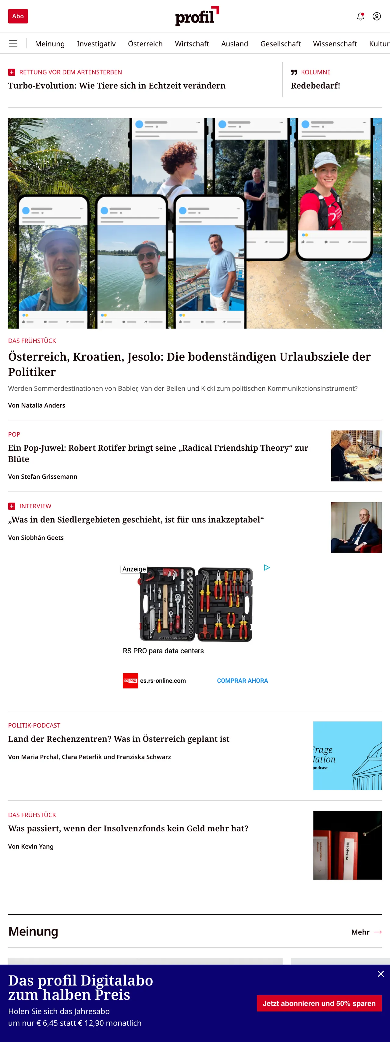 Screenshot of the profil front page