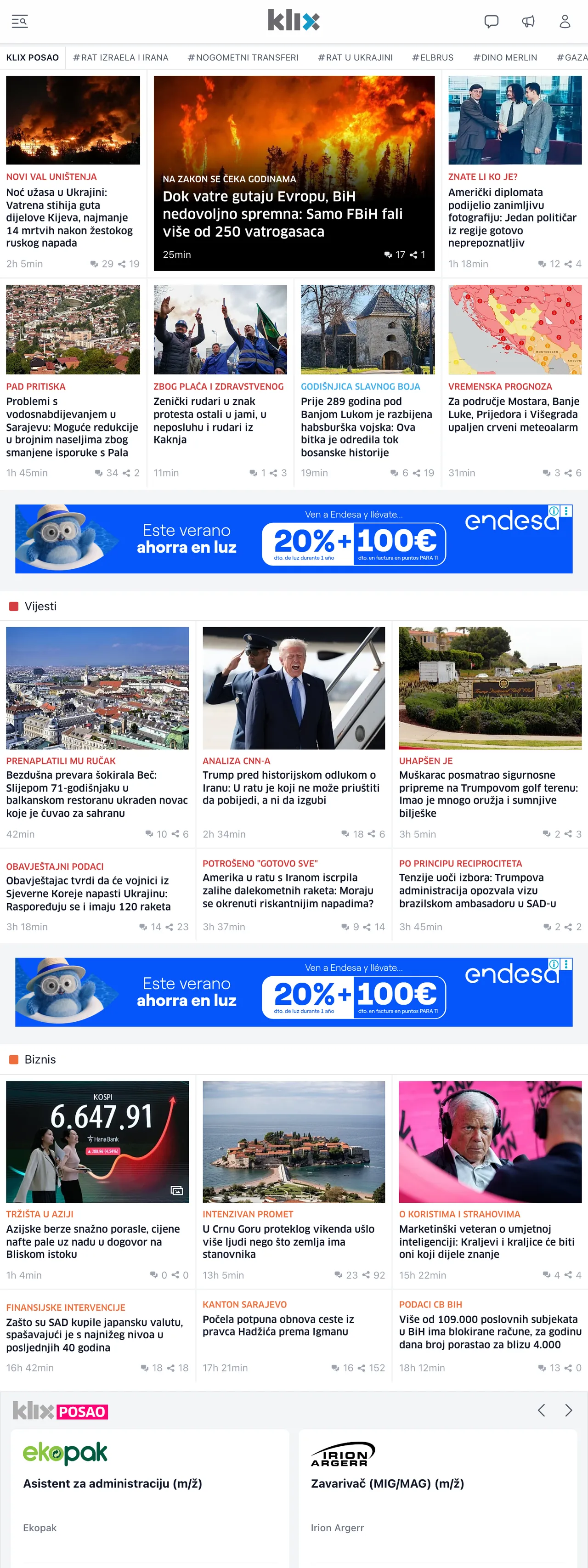 Screenshot of the Klix.ba front page