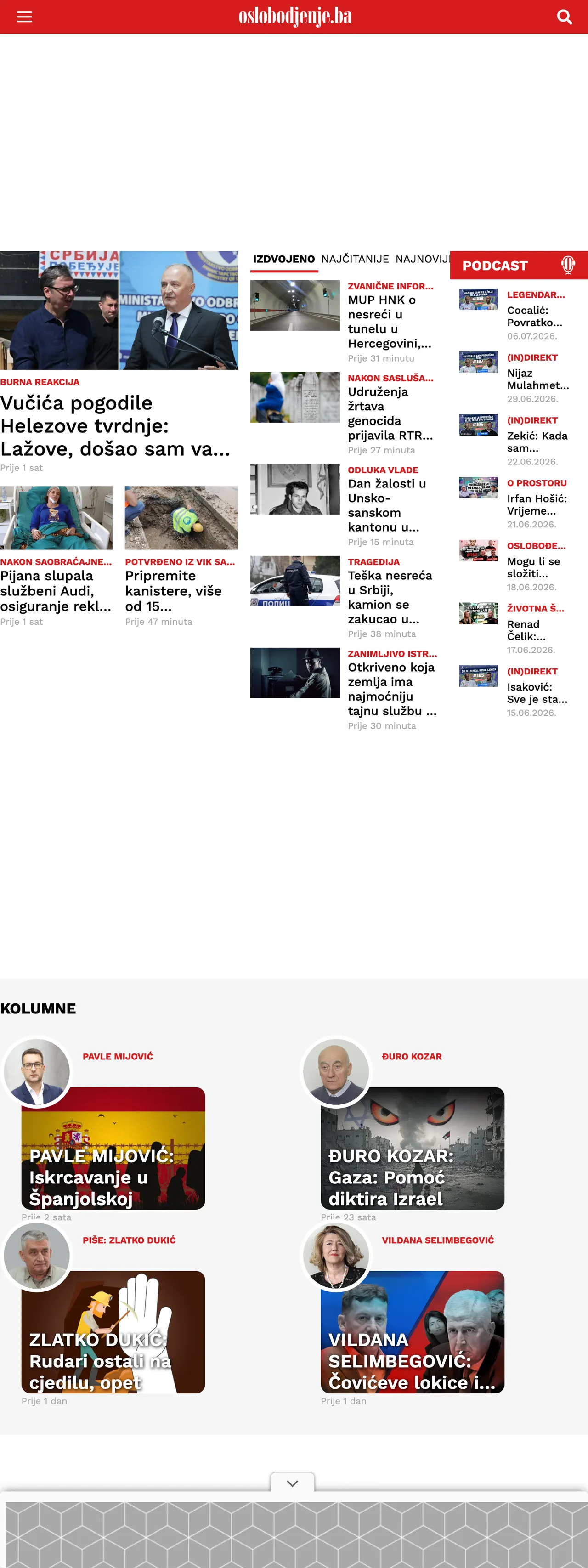 Screenshot of the Oslobođenje front page