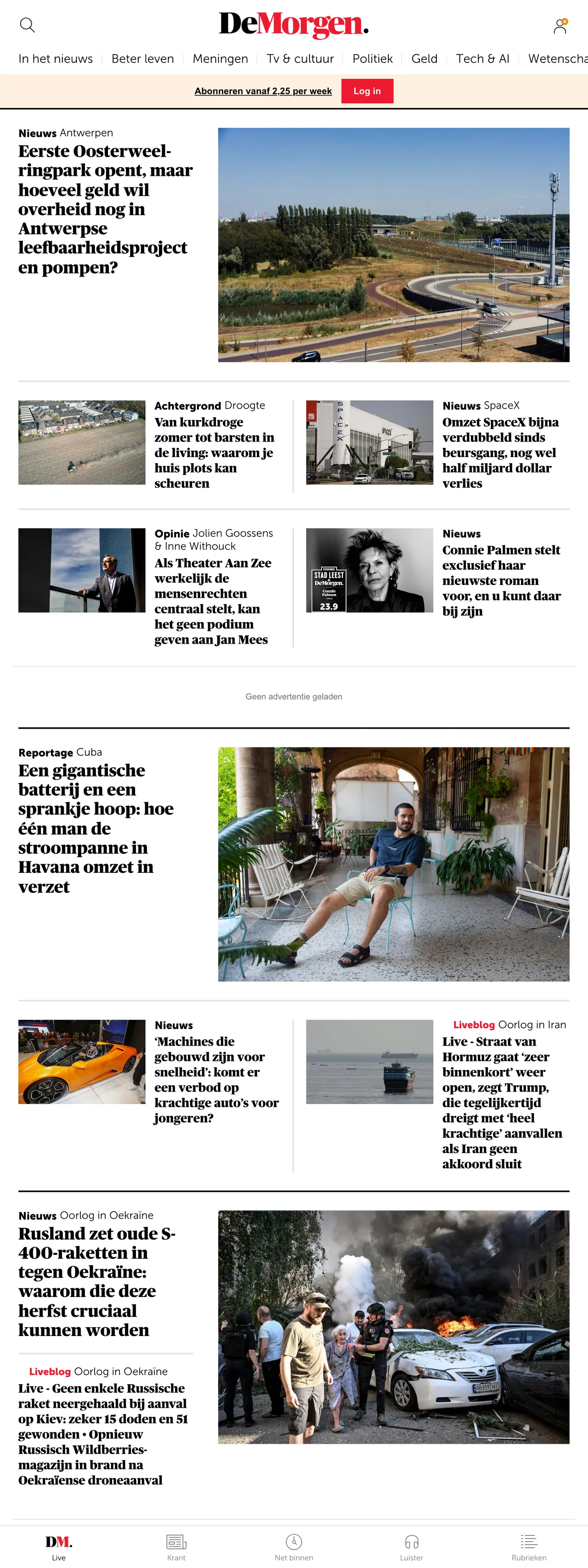 Screenshot of the De Morgen front page